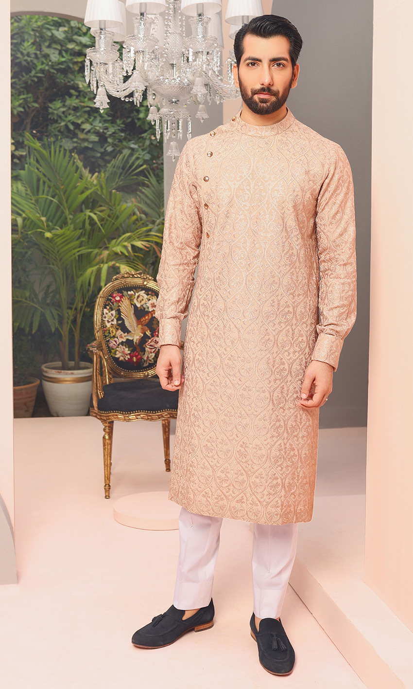 Blush Pink Jacquard Kurta with Metallic Accents (2-Piece) - Image 1
