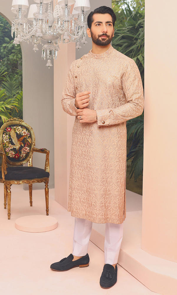 Blush Pink Jacquard Kurta with Metallic Accents (2-Piece) - Image 3