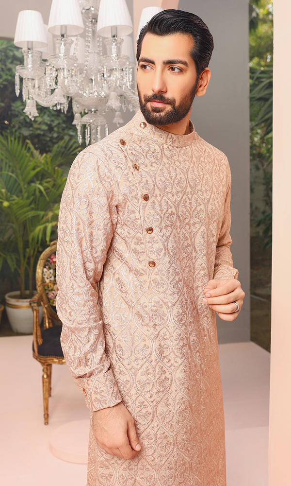 Blush Pink Jacquard Kurta with Metallic Accents (2-Piece) - Image 4