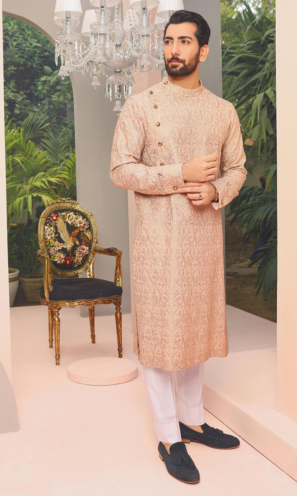Blush Pink Jacquard Kurta with Metallic Accents (2-Piece) - Image 5