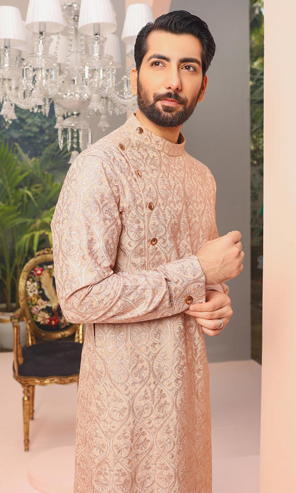 Blush Pink Jacquard Kurta with Metallic Accents (2-Piece) - Image 6
