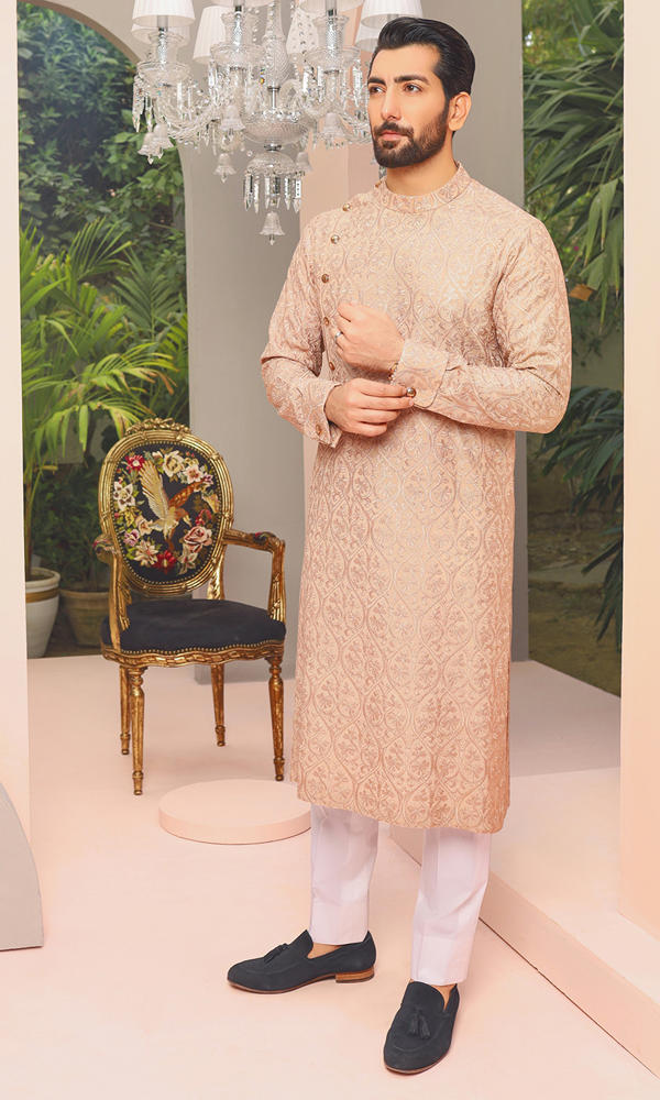 Blush Pink Jacquard Kurta with Metallic Accents (2-Piece) - Image 7
