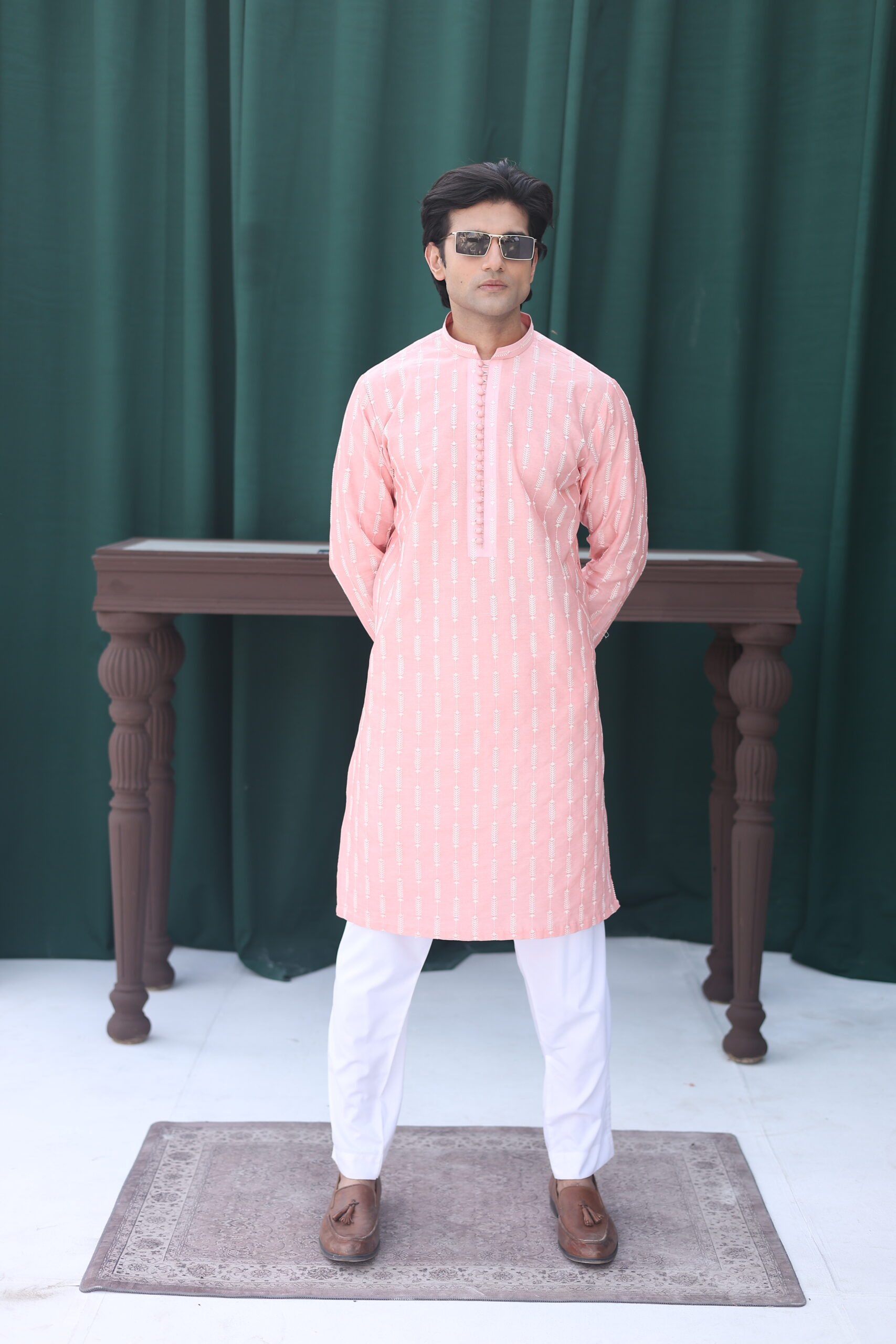 Pink Embroidered Paper Cotton Men’s Kurta (2-Piece) - Image 1