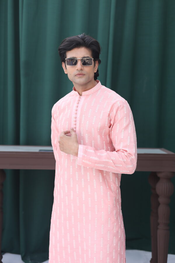 Pink Embroidered Paper Cotton Men’s Kurta (2-Piece) - Image 3