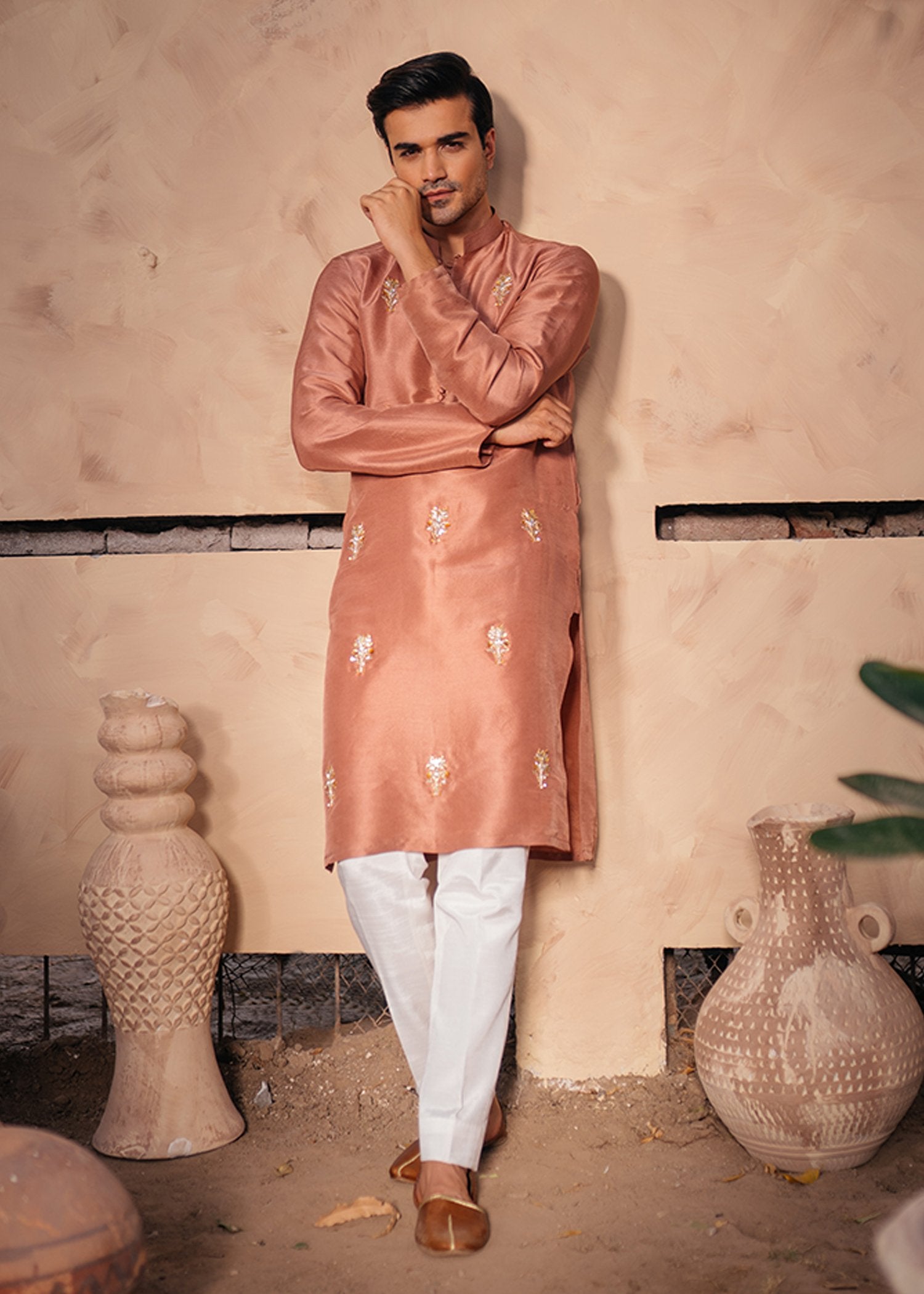 Tea Pink Gota Embroidered Korean Rawsilk Kurta (2-Piece) - Image 1