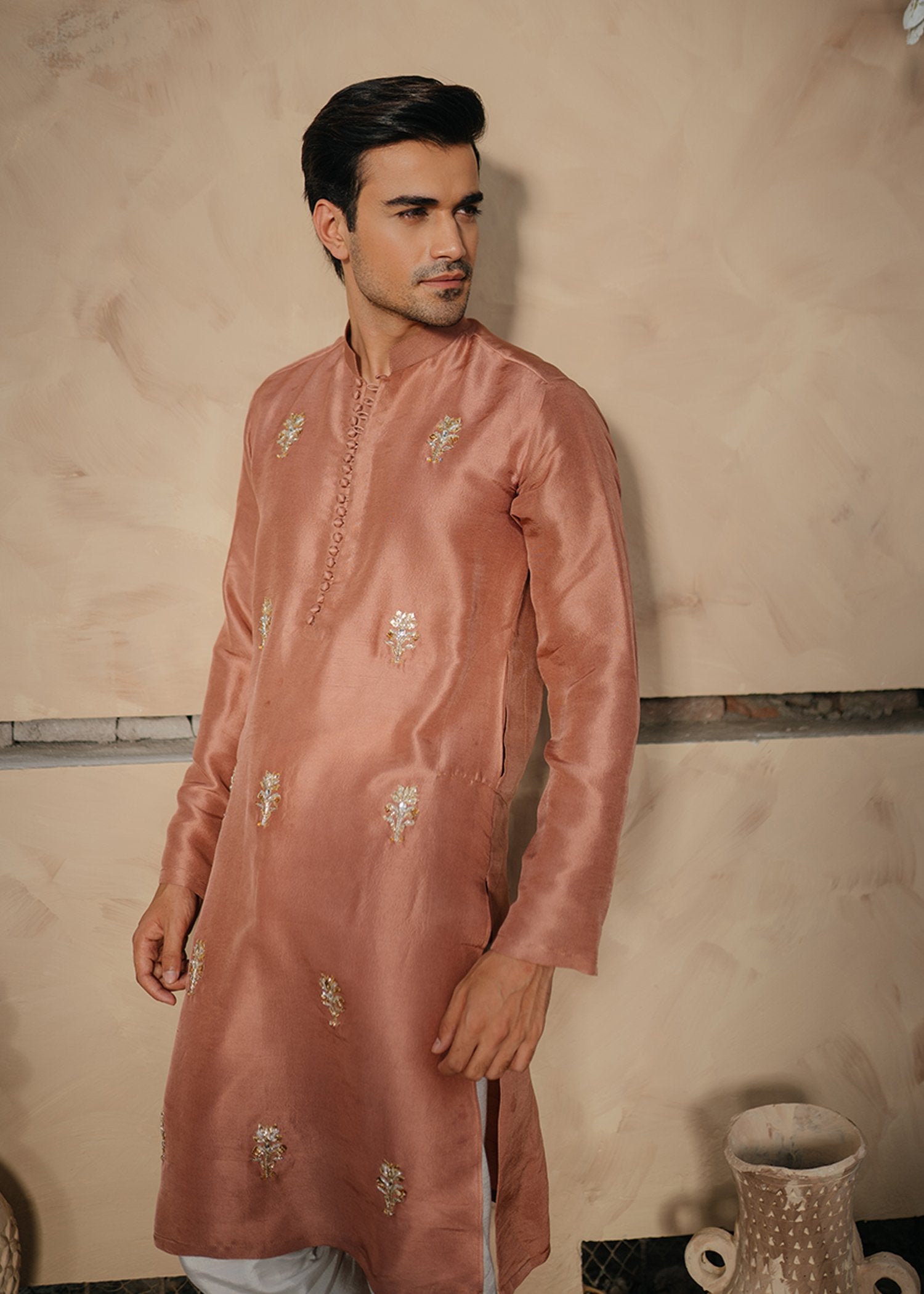 Tea Pink Gota Embroidered Korean Rawsilk Kurta (2-Piece) - Image 2