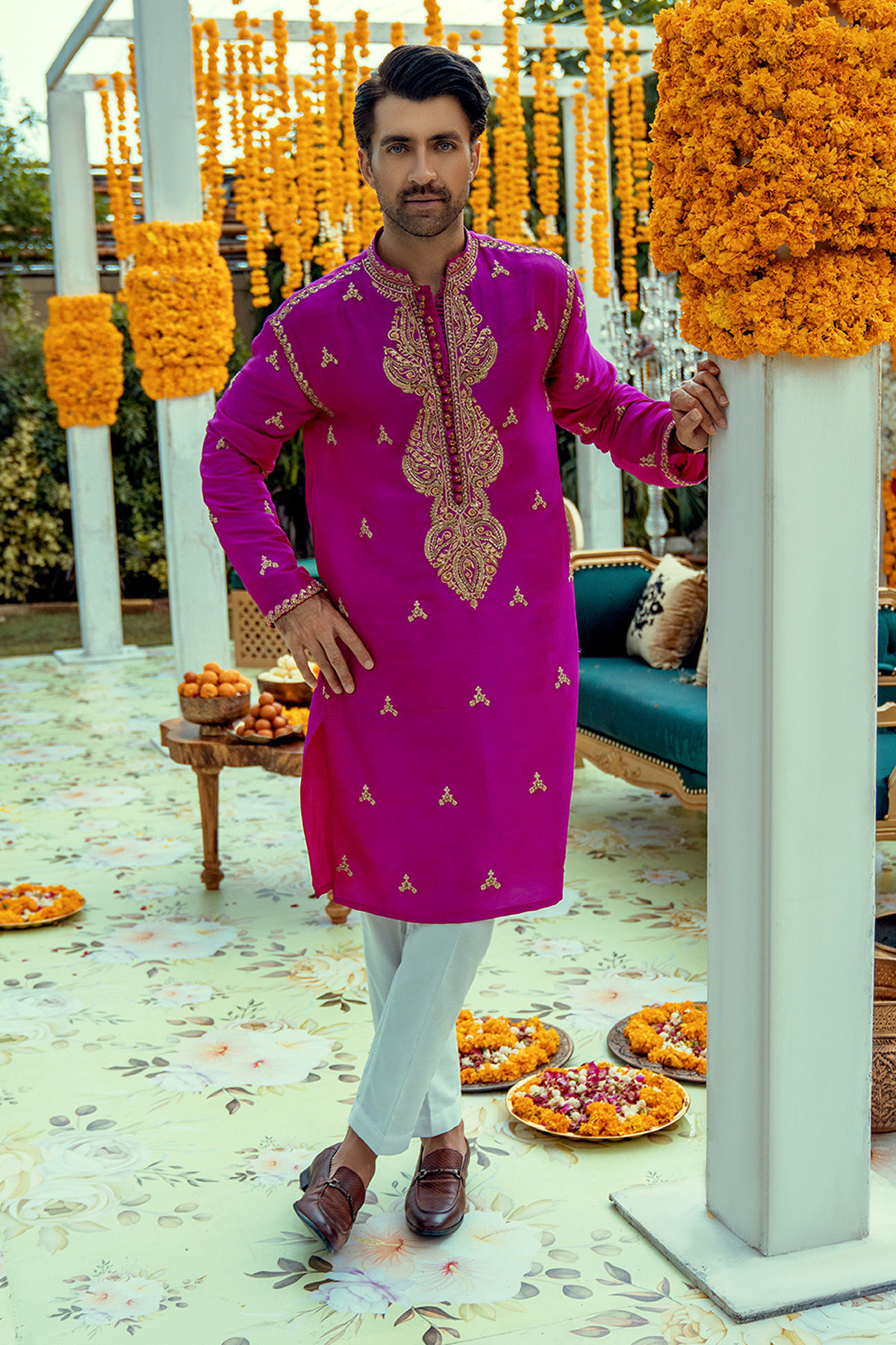 Deep Fuchsia Zardozi Raw Silk Men’s Kurta (2-Piece) - Image 1