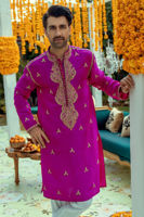Deep Fuchsia Zardozi Raw Silk Men’s Kurta (2-Piece) - Image 3
