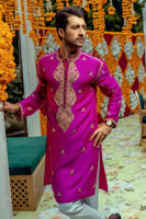 Deep Fuchsia Zardozi Raw Silk Men’s Kurta (2-Piece) - Image 4