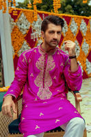 Deep Fuchsia Zardozi Raw Silk Men’s Kurta (2-Piece) - Image 5