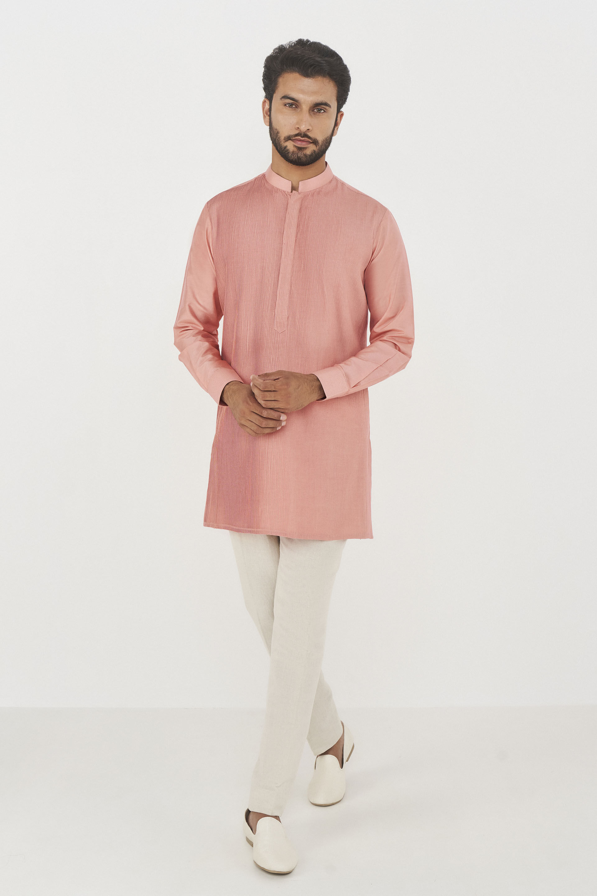 Pink Pin-Tucked Silk Short Kurta (1-Pc) - Image 1