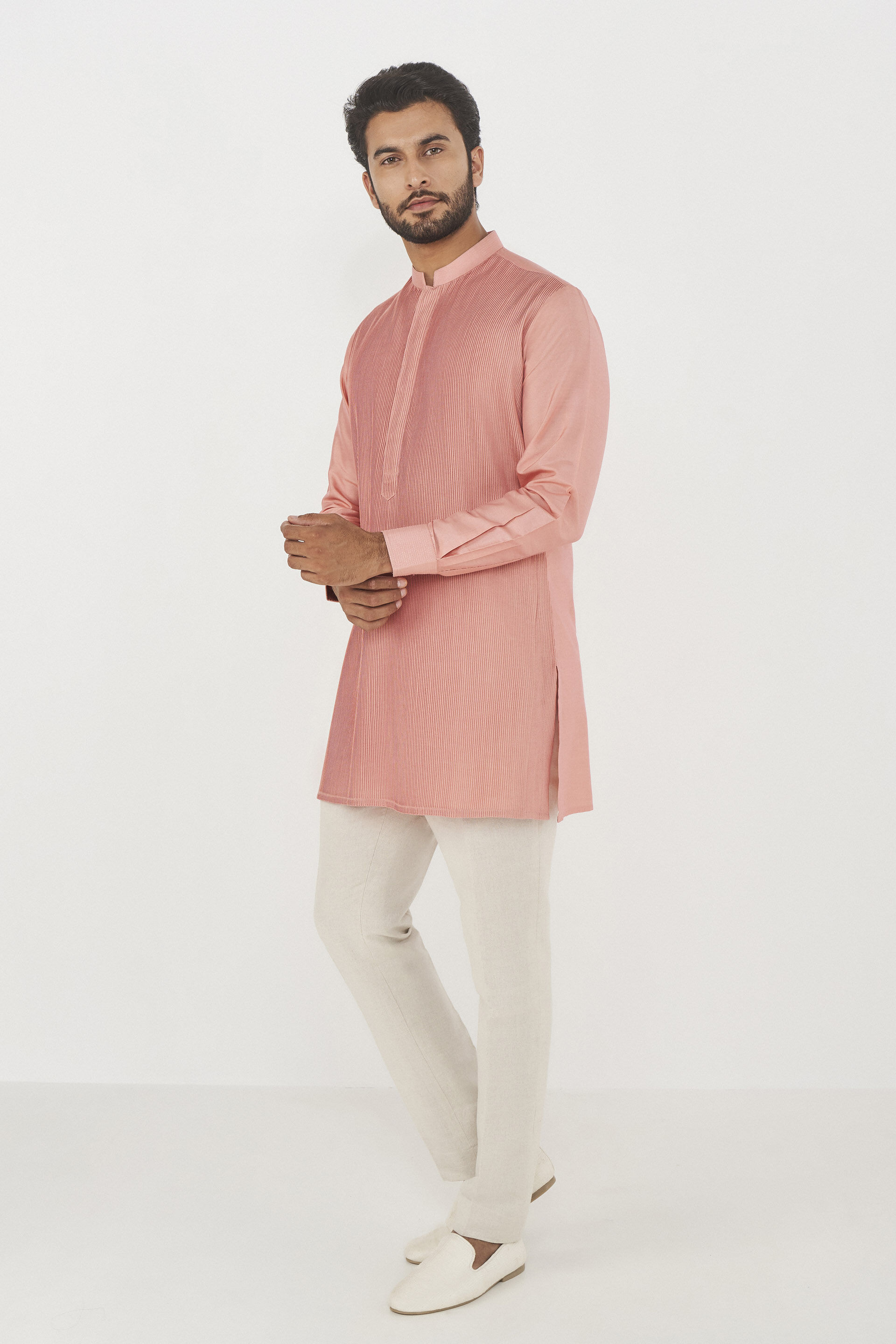 Pink Pin-Tucked Silk Short Kurta (1-Pc) - Image 2