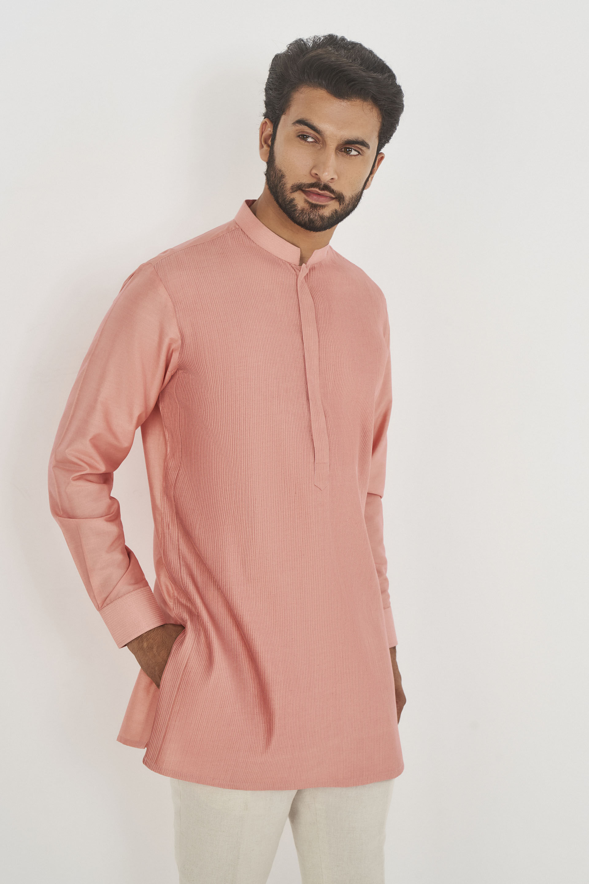 Pink Pin-Tucked Silk Short Kurta (1-Pc) - Image 4