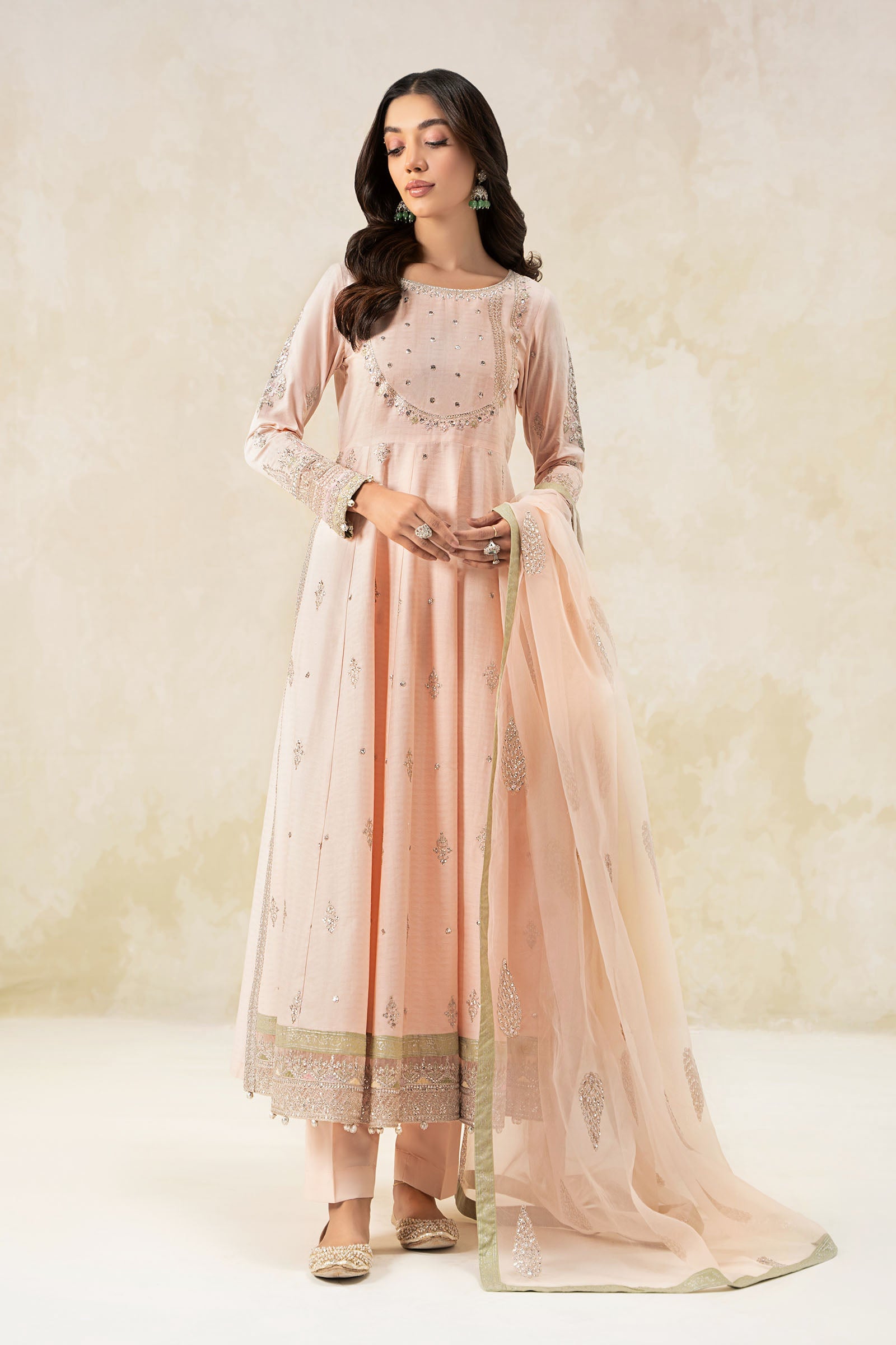 Pakistani Pink Embroidered Dobby Lawn Frock Suit (3-Piece) - Image 1