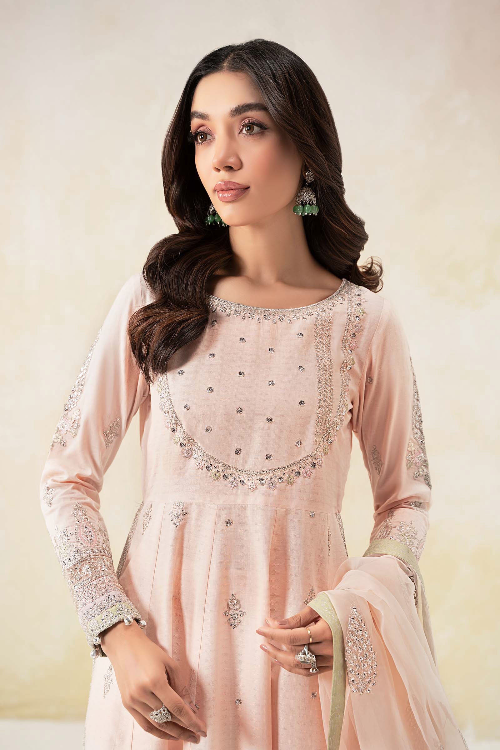 Pakistani Pink Embroidered Dobby Lawn Frock Suit (3-Piece) - Image 2