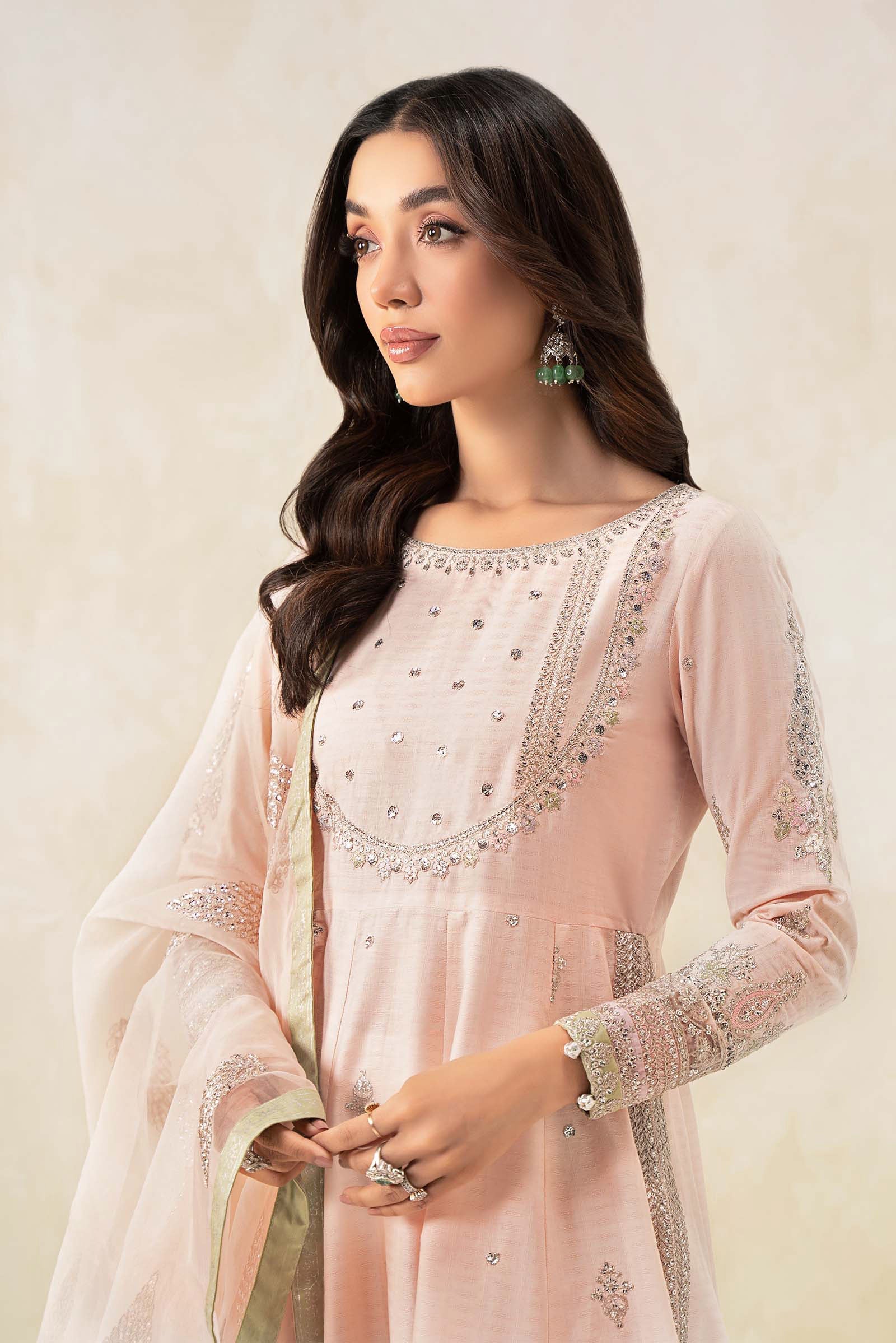 Pakistani Pink Embroidered Dobby Lawn Frock Suit (3-Piece) - Image 3