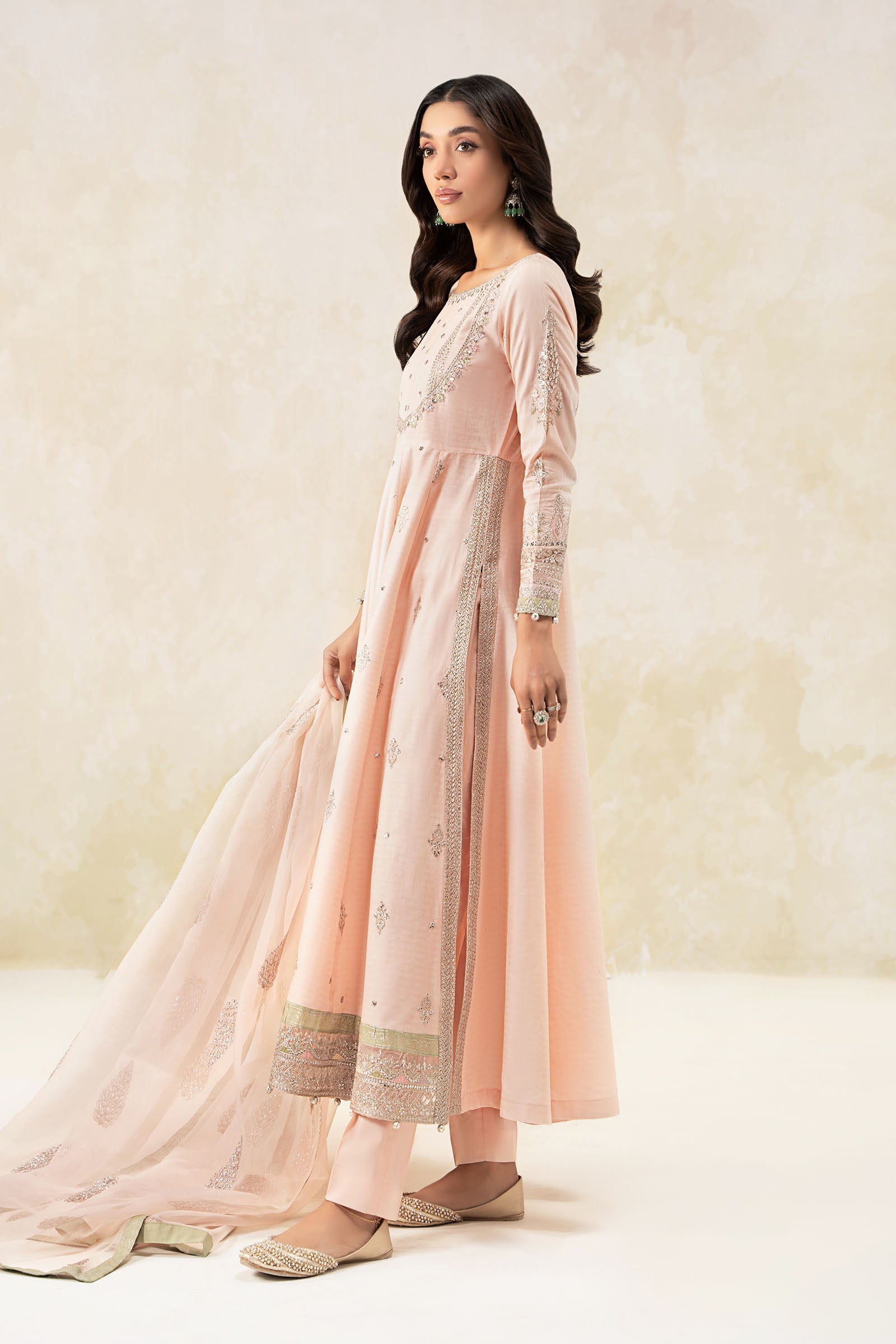 Pakistani Pink Embroidered Dobby Lawn Frock Suit (3-Piece) - Image 5