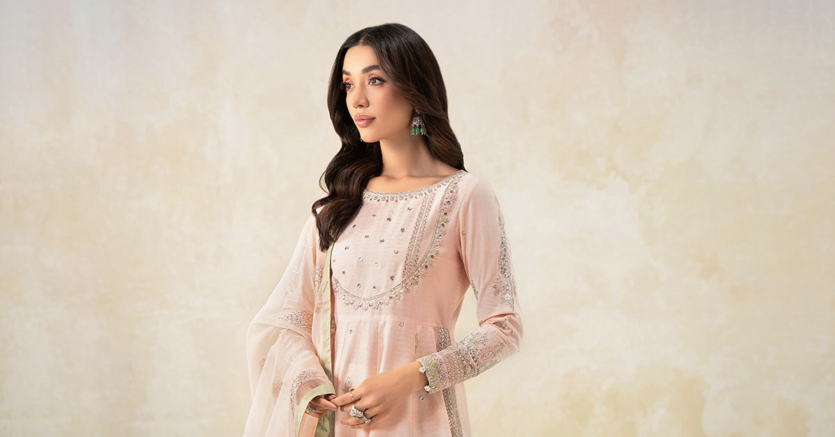 Pakistani Pink Embroidered Dobby Lawn Frock Suit (3-Piece) - Image 7