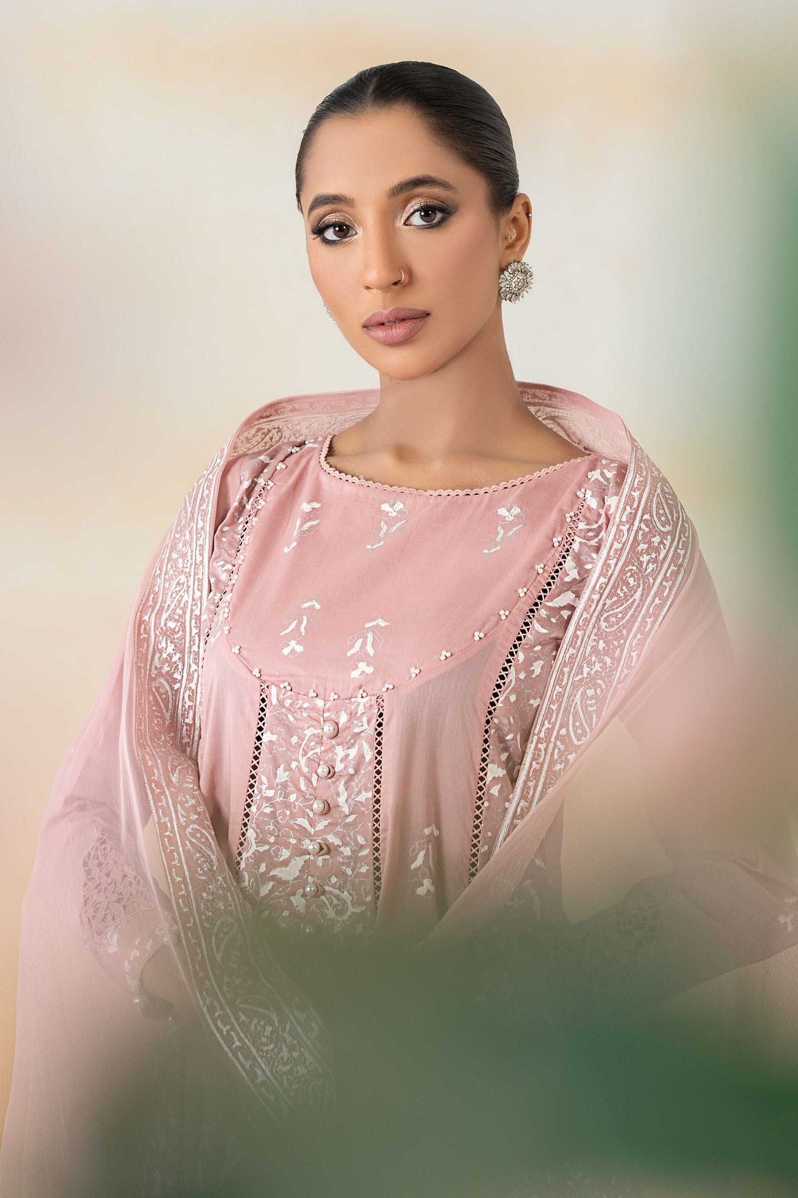 Pakistani Blush Pink Block Printed Lawn Frock (3-Piece) - Image 2