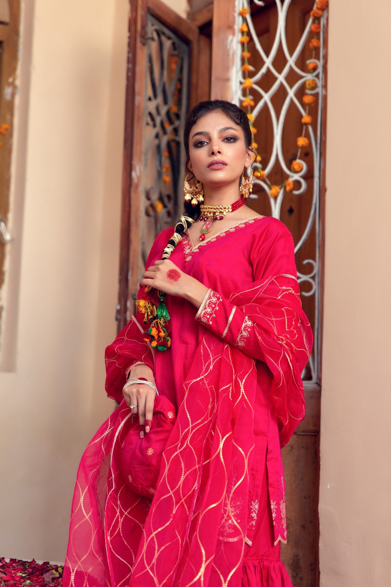 Hot Pink Embroidered Banarsi Cotton Silk Gharara (3-Piece) - Image 1