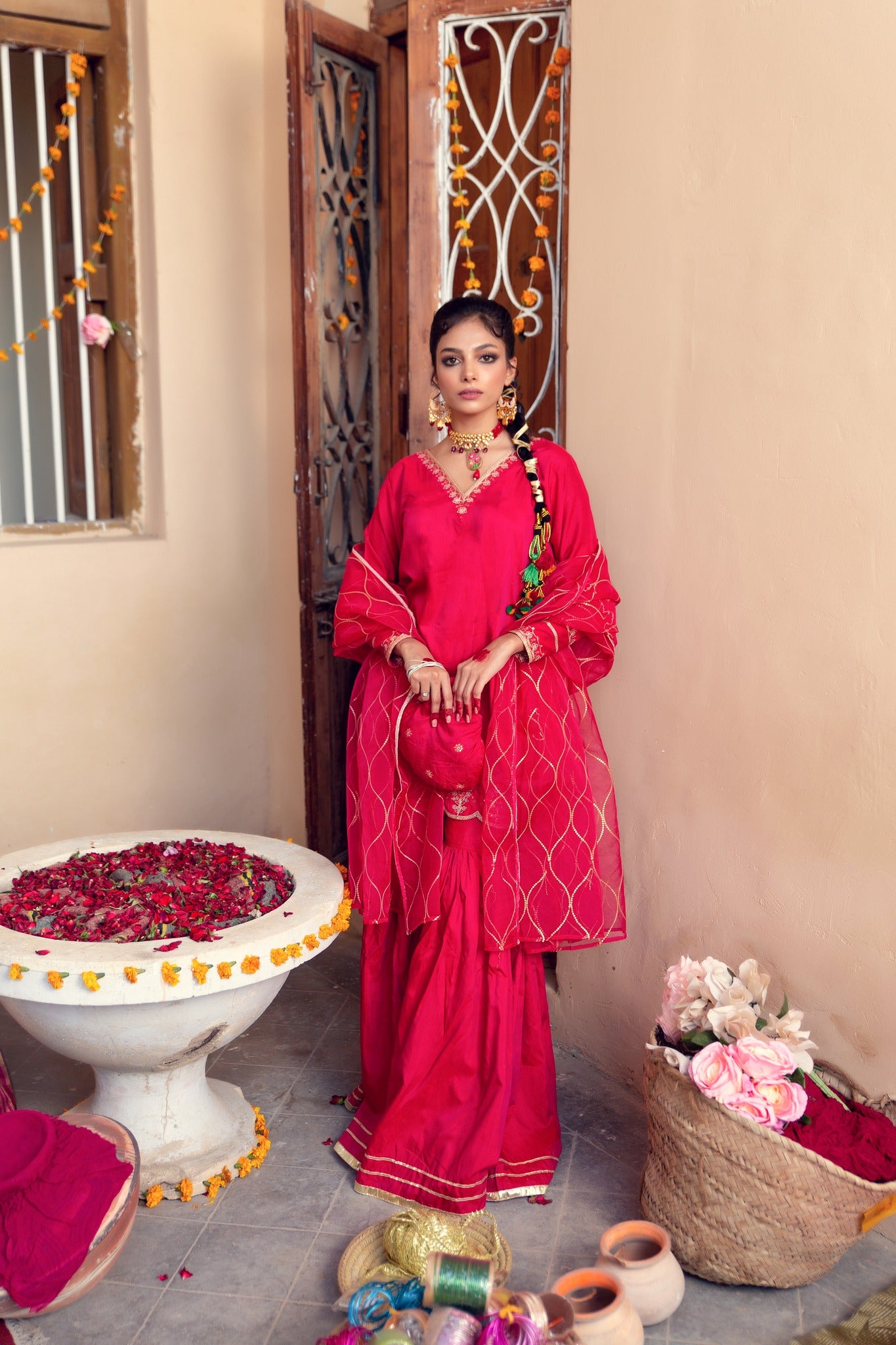 Hot Pink Embroidered Banarsi Cotton Silk Gharara (3-Piece) - Image 3