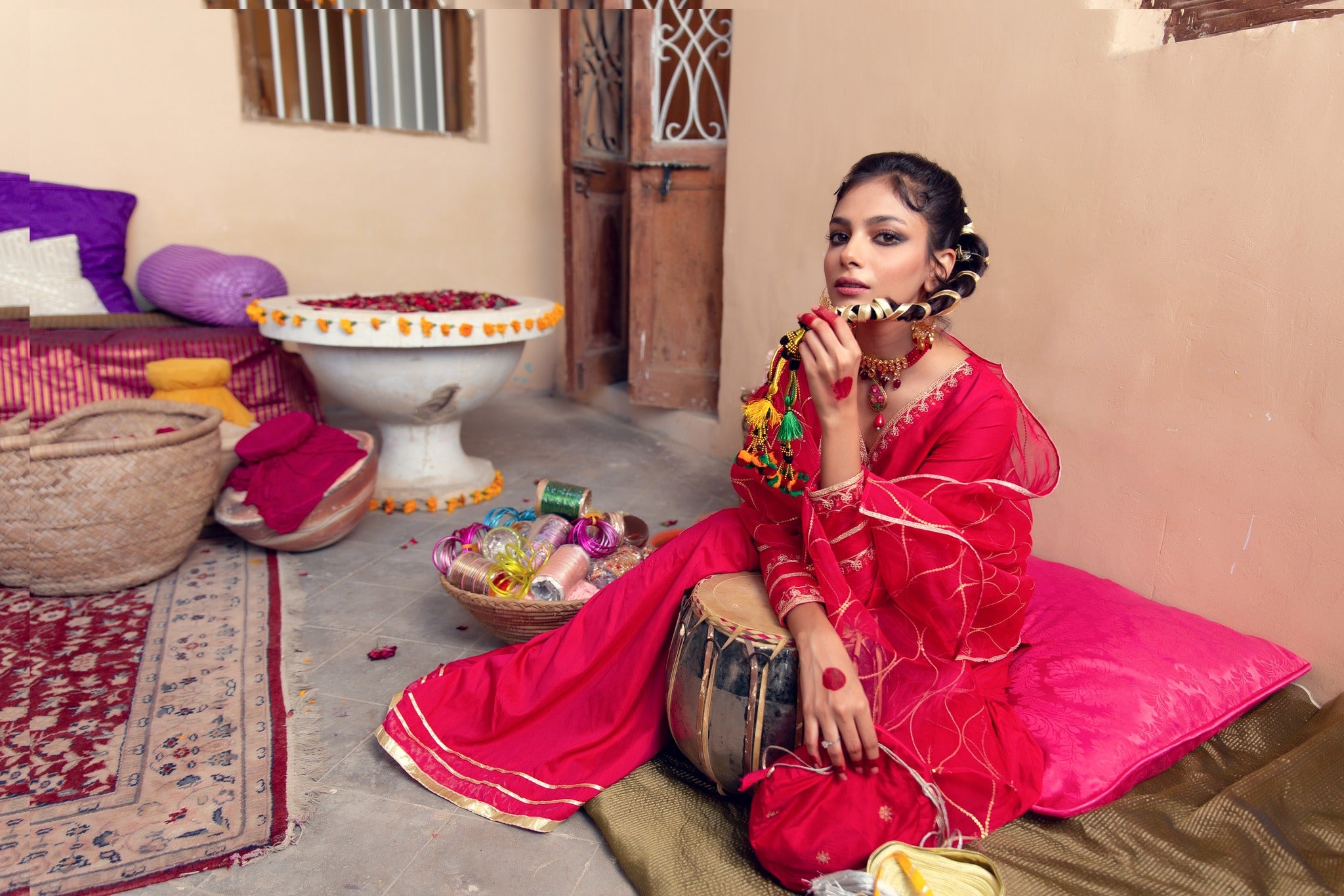 Hot Pink Embroidered Banarsi Cotton Silk Gharara (3-Piece) - Image 4