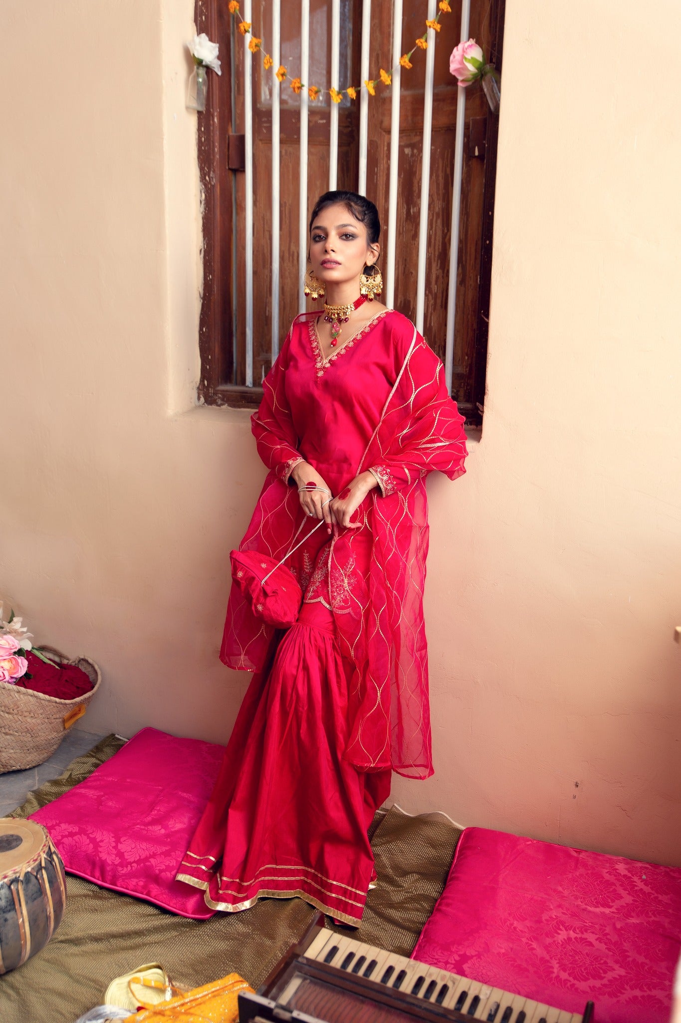 Hot Pink Embroidered Banarsi Cotton Silk Gharara (3-Piece) - Image 5