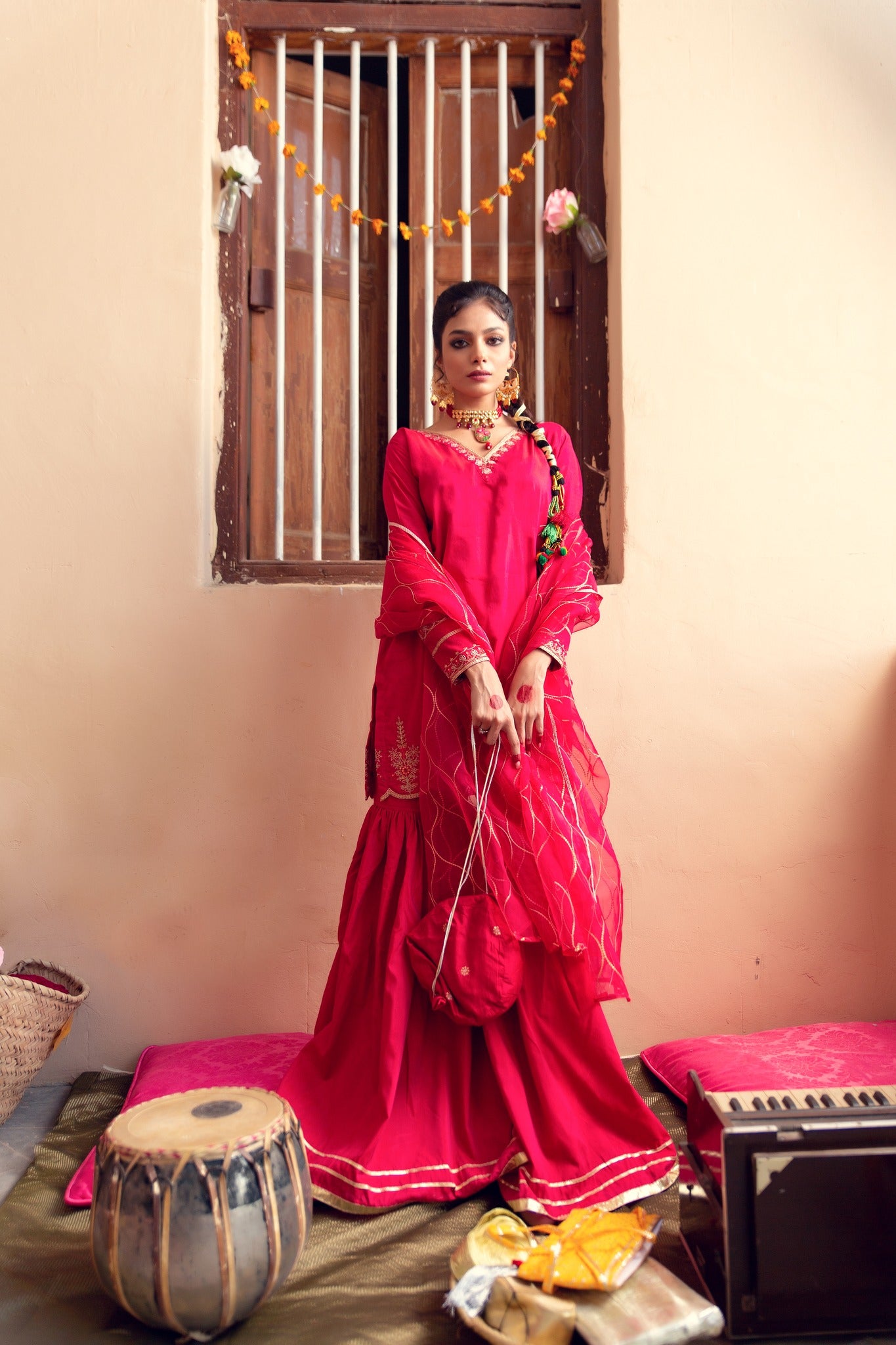 Hot Pink Embroidered Banarsi Cotton Silk Gharara (3-Piece) - Image 6