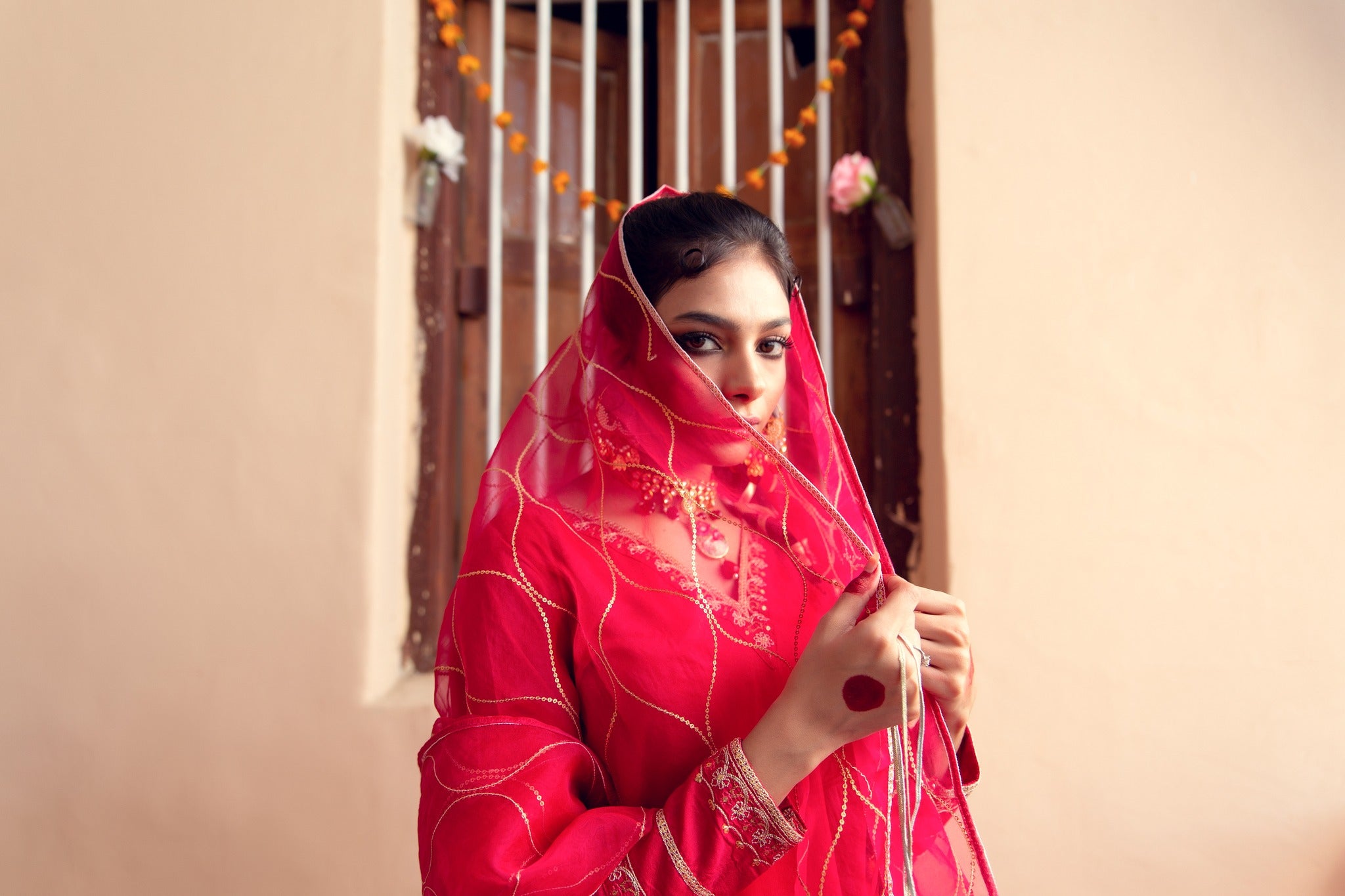 Hot Pink Embroidered Banarsi Cotton Silk Gharara (3-Piece) - Image 7