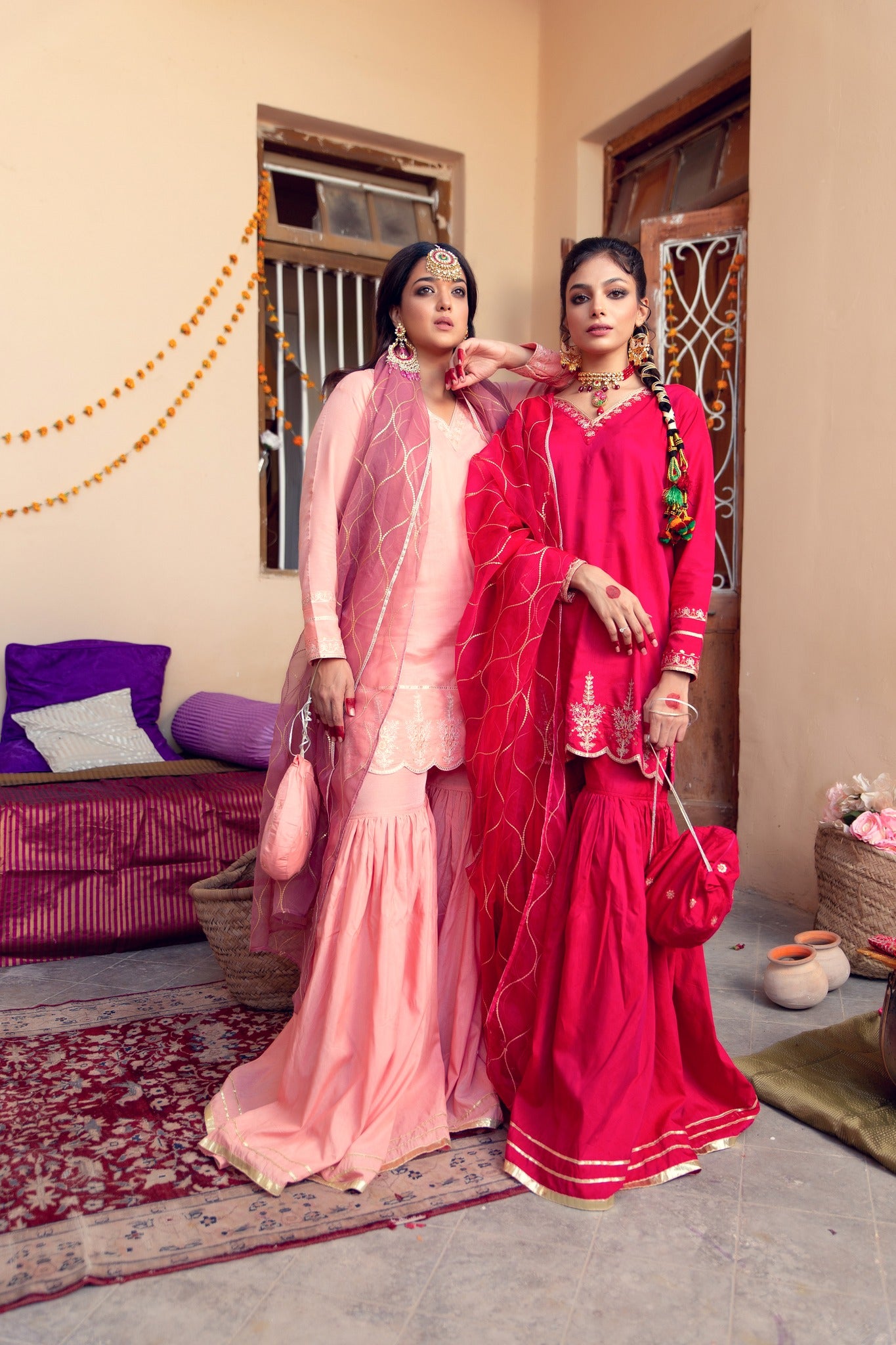 Hot Pink Embroidered Banarsi Cotton Silk Gharara (3-Piece) - Image 8