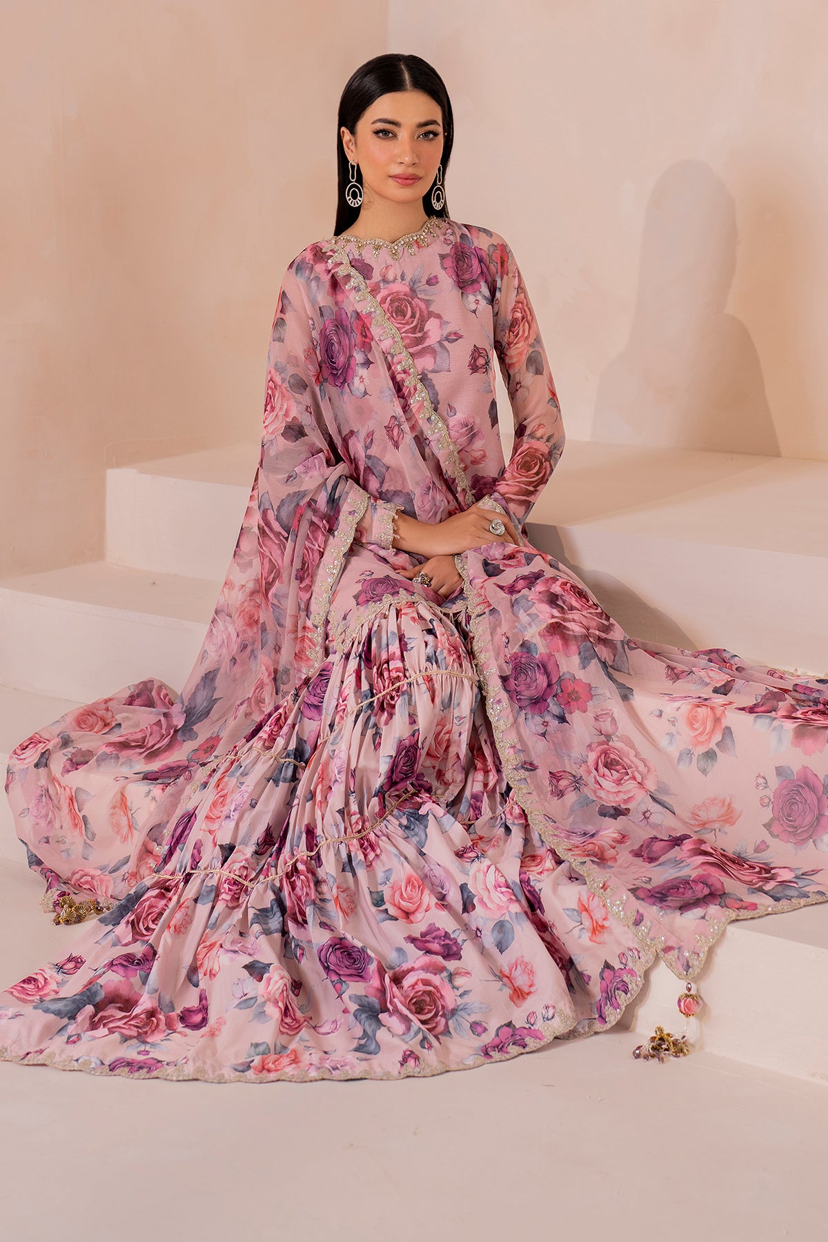 Pakistani Pink Digital Printed Chiffon Gharara Set (3-Piece) - Image 10