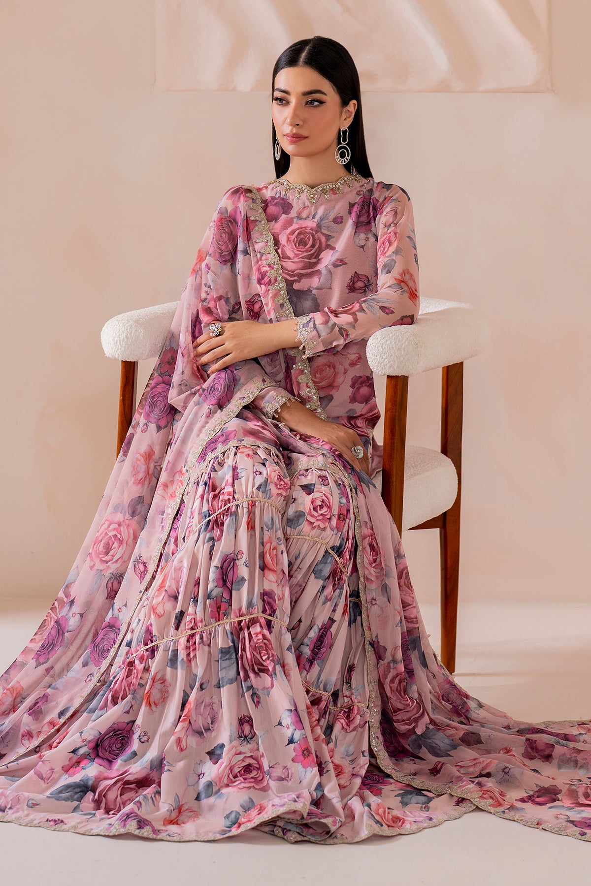 Pakistani Pink Digital Printed Chiffon Gharara Set (3-Piece) - Image 11