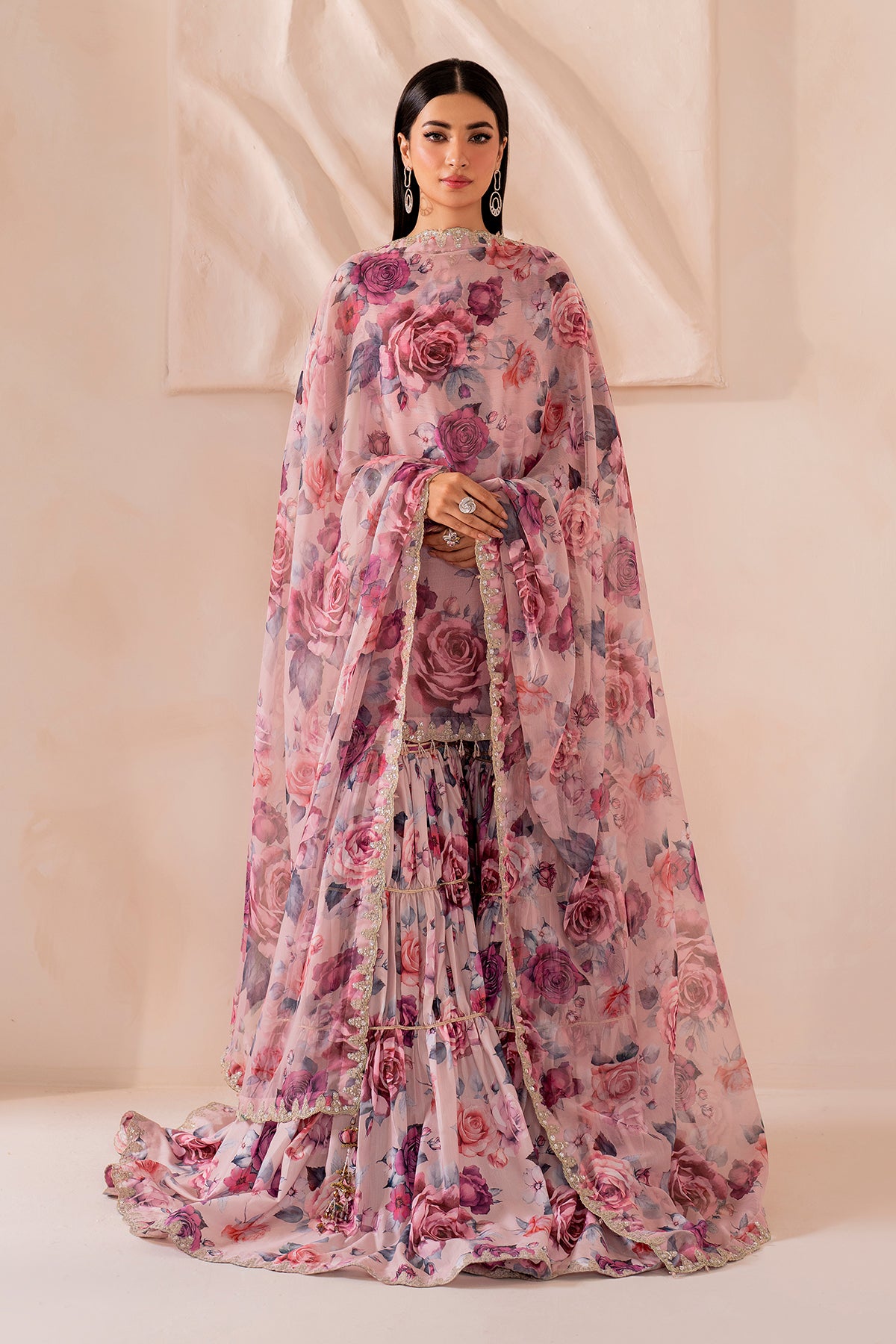Pakistani Pink Digital Printed Chiffon Gharara Set (3-Piece) - Image 13