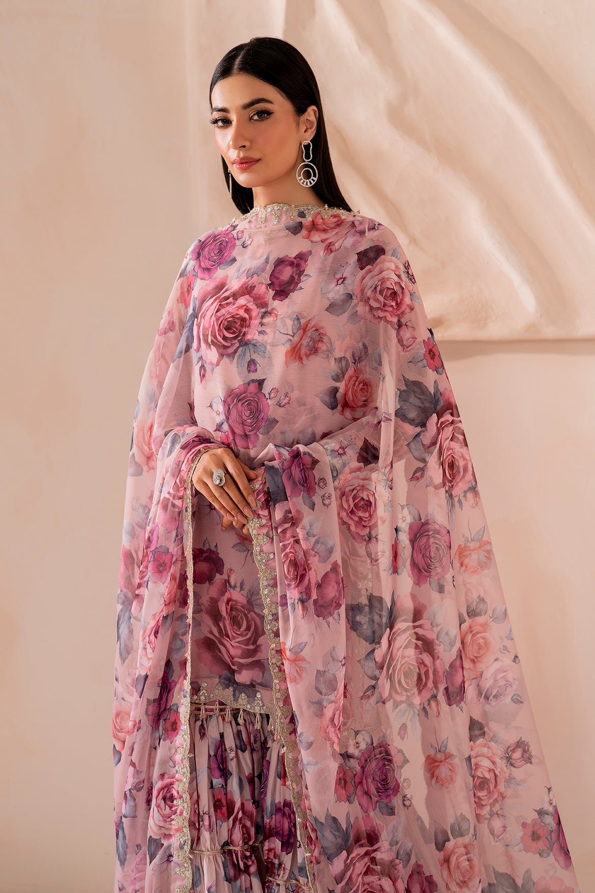 Pakistani Pink Digital Printed Chiffon Gharara Set (3-Piece) - Image 14