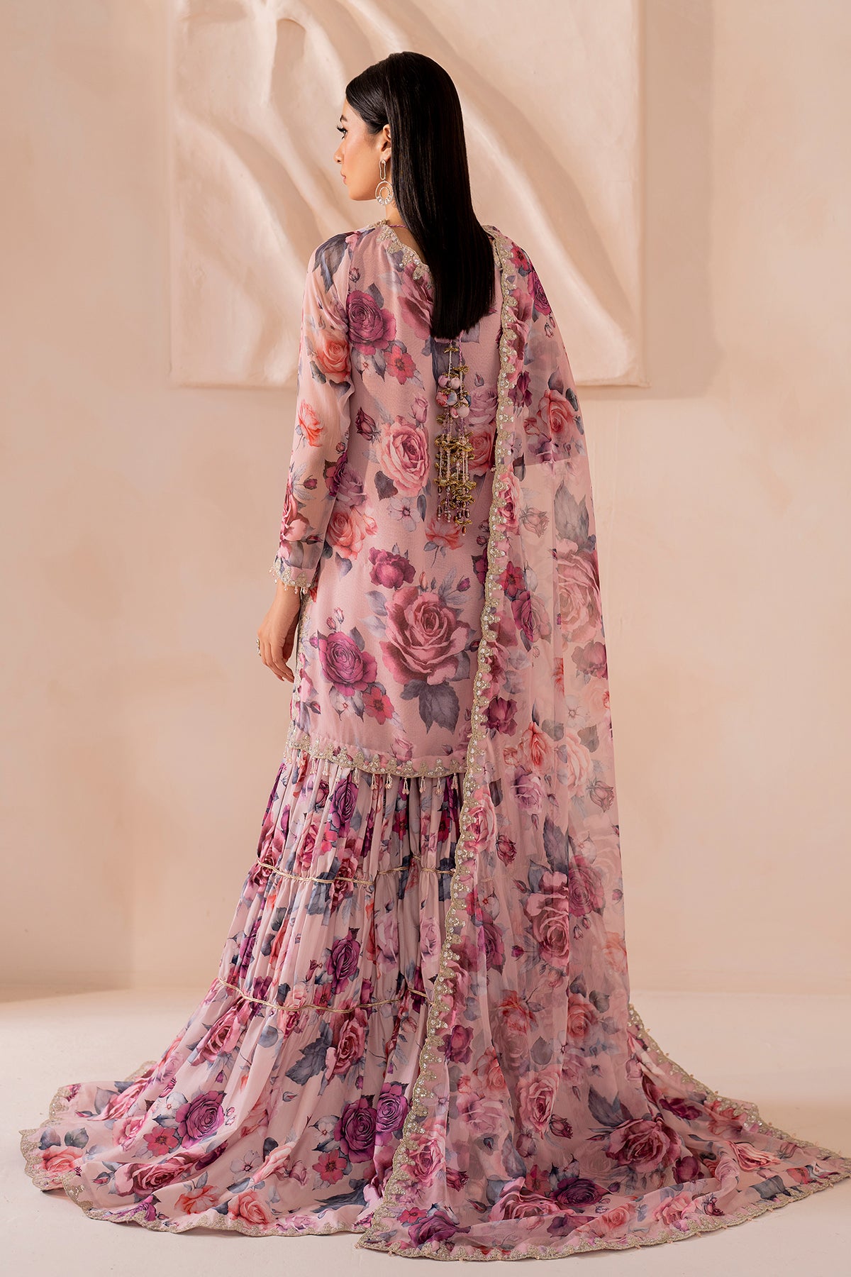Pakistani Pink Digital Printed Chiffon Gharara Set (3-Piece) - Image 2