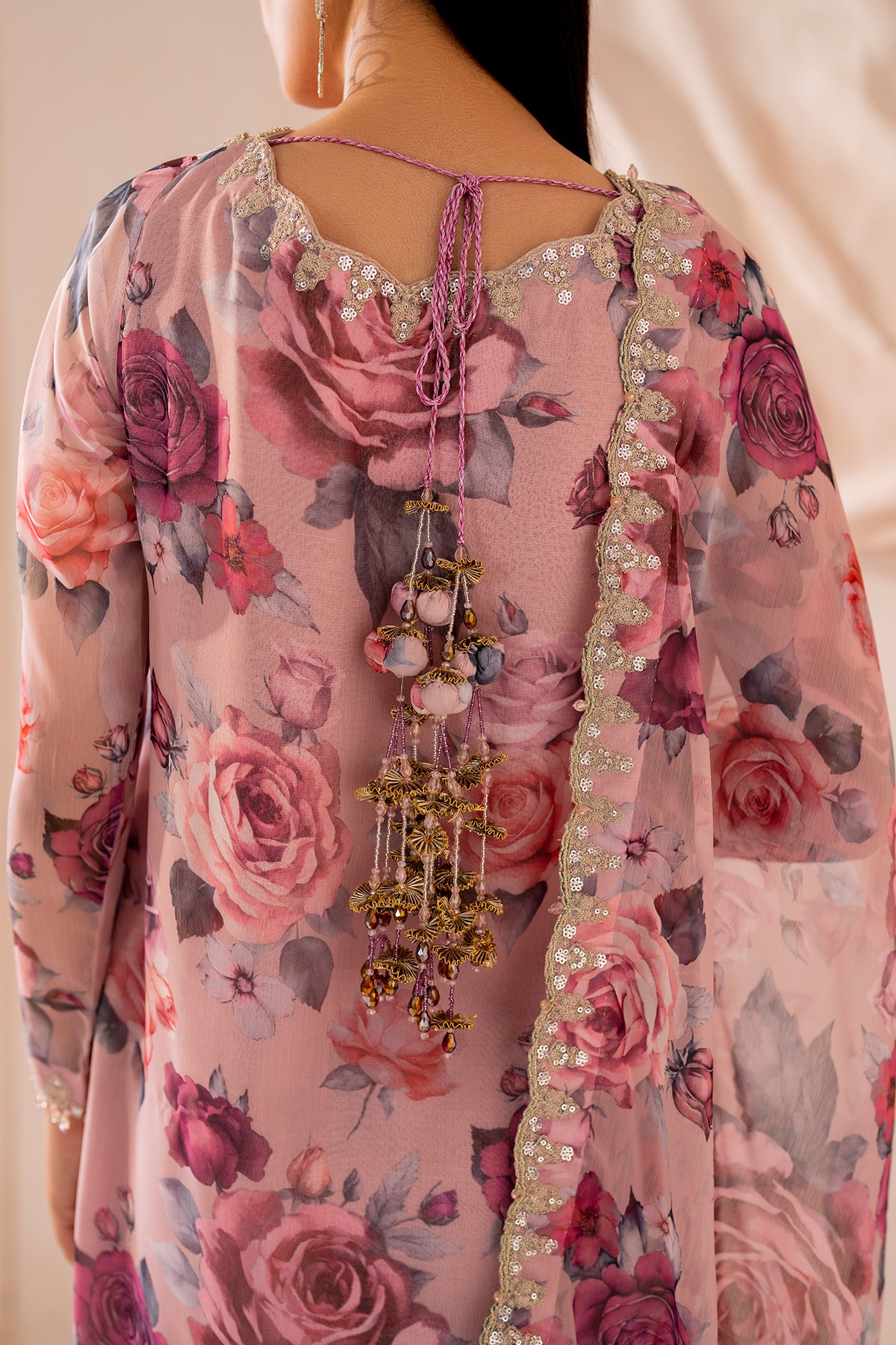 Pakistani Pink Digital Printed Chiffon Gharara Set (3-Piece) - Image 5