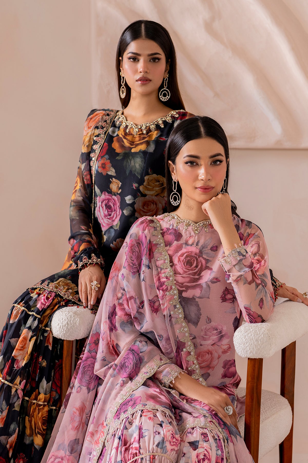 Pakistani Pink Digital Printed Chiffon Gharara Set (3-Piece) - Image 9