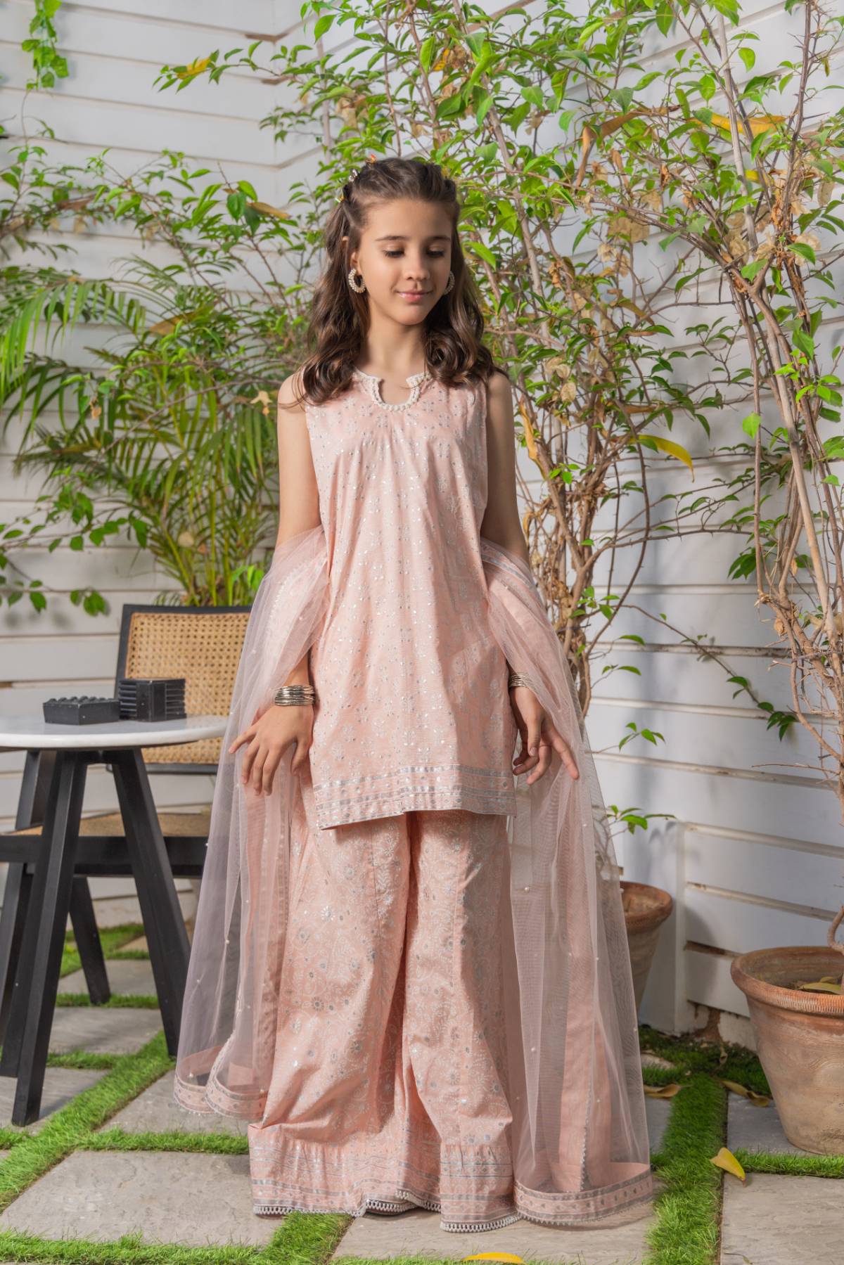 Pakistani Tea Pink Block Print Chikan Cotton Gharara (3-Piece) - Image 2