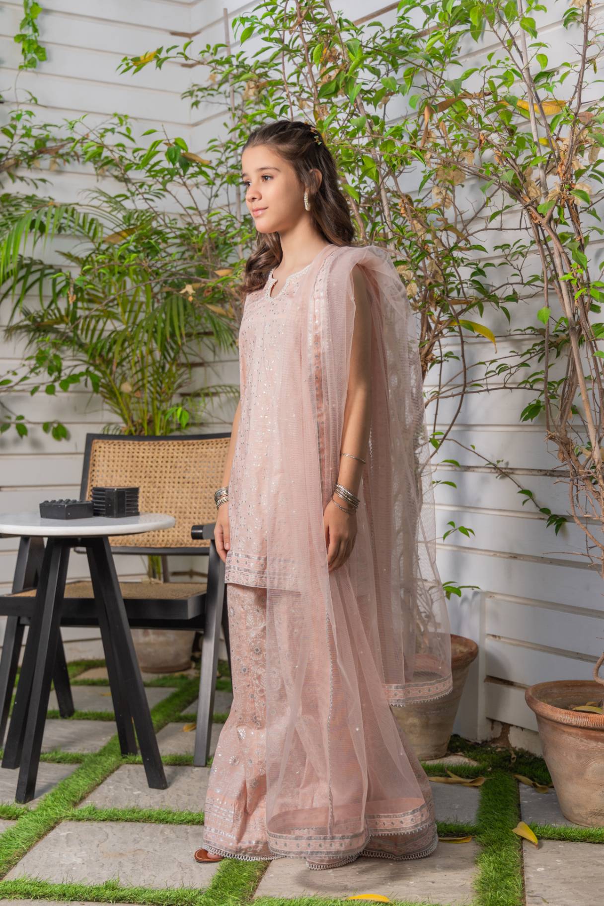 Pakistani Tea Pink Block Print Chikan Cotton Gharara (3-Piece) - Image 3