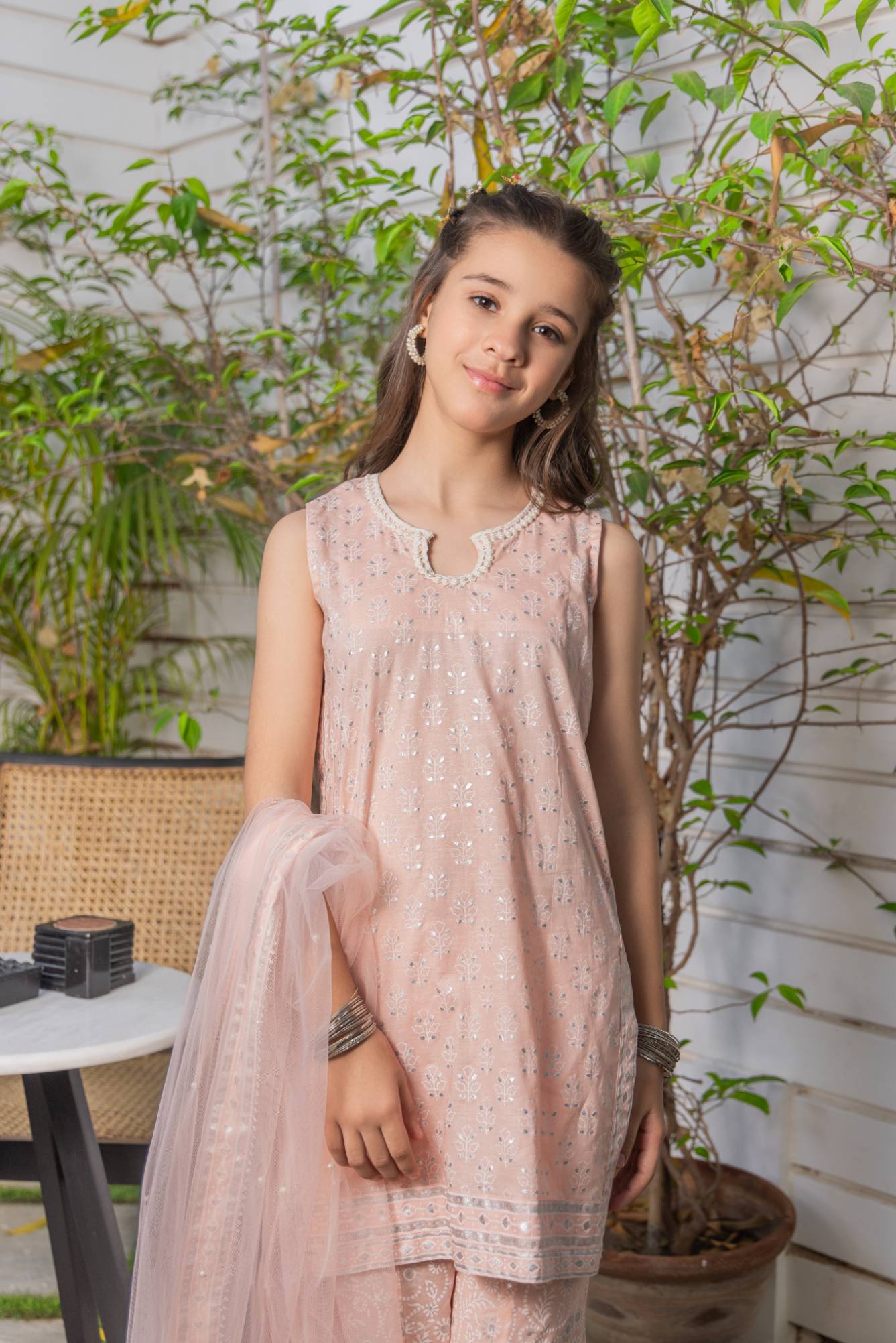 Pakistani Tea Pink Block Print Chikan Cotton Gharara (3-Piece) - Image 5