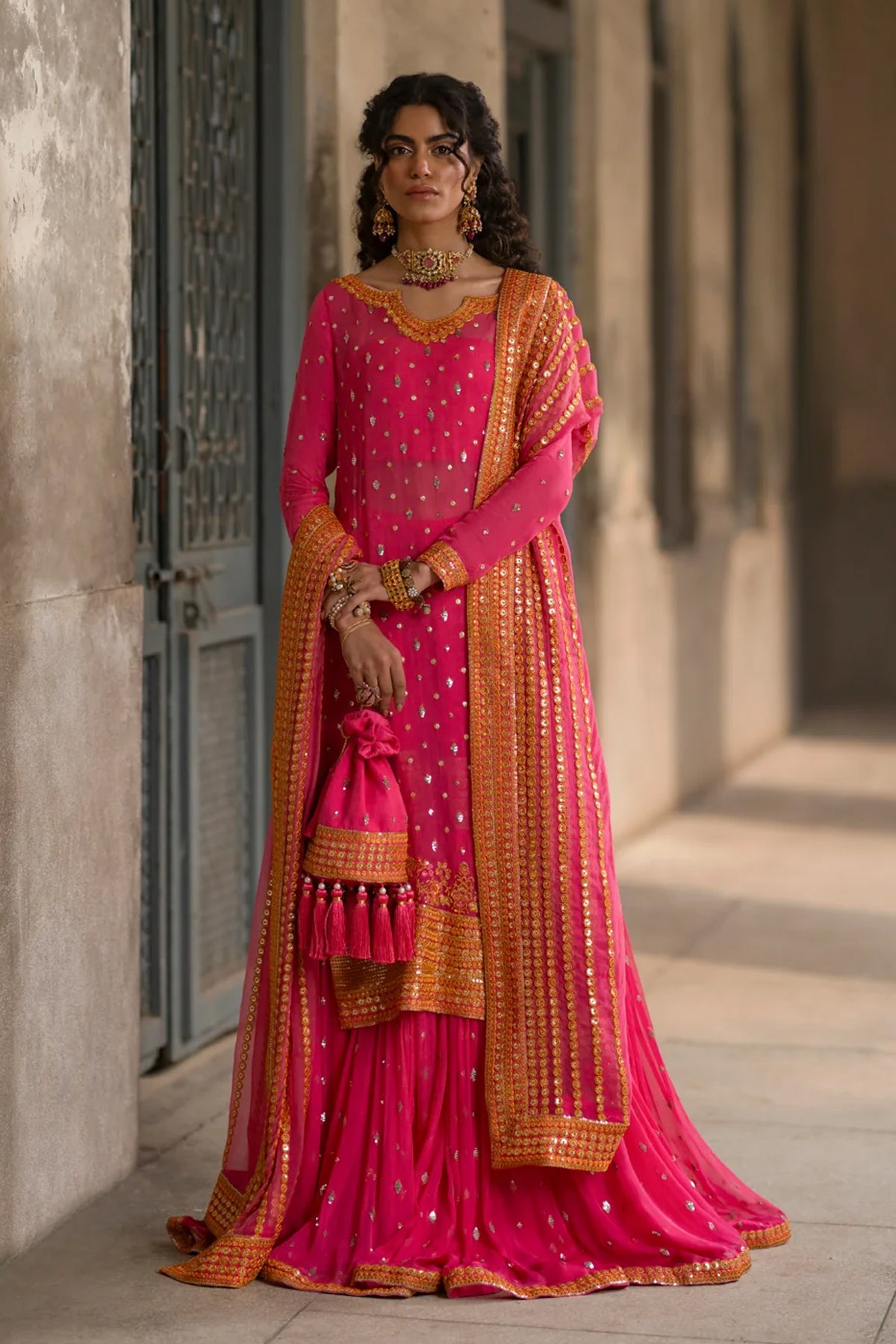 Pakistani Fuchsia Embroidered Crinkle Chiffon Gharara (3-Piece) - Image 1