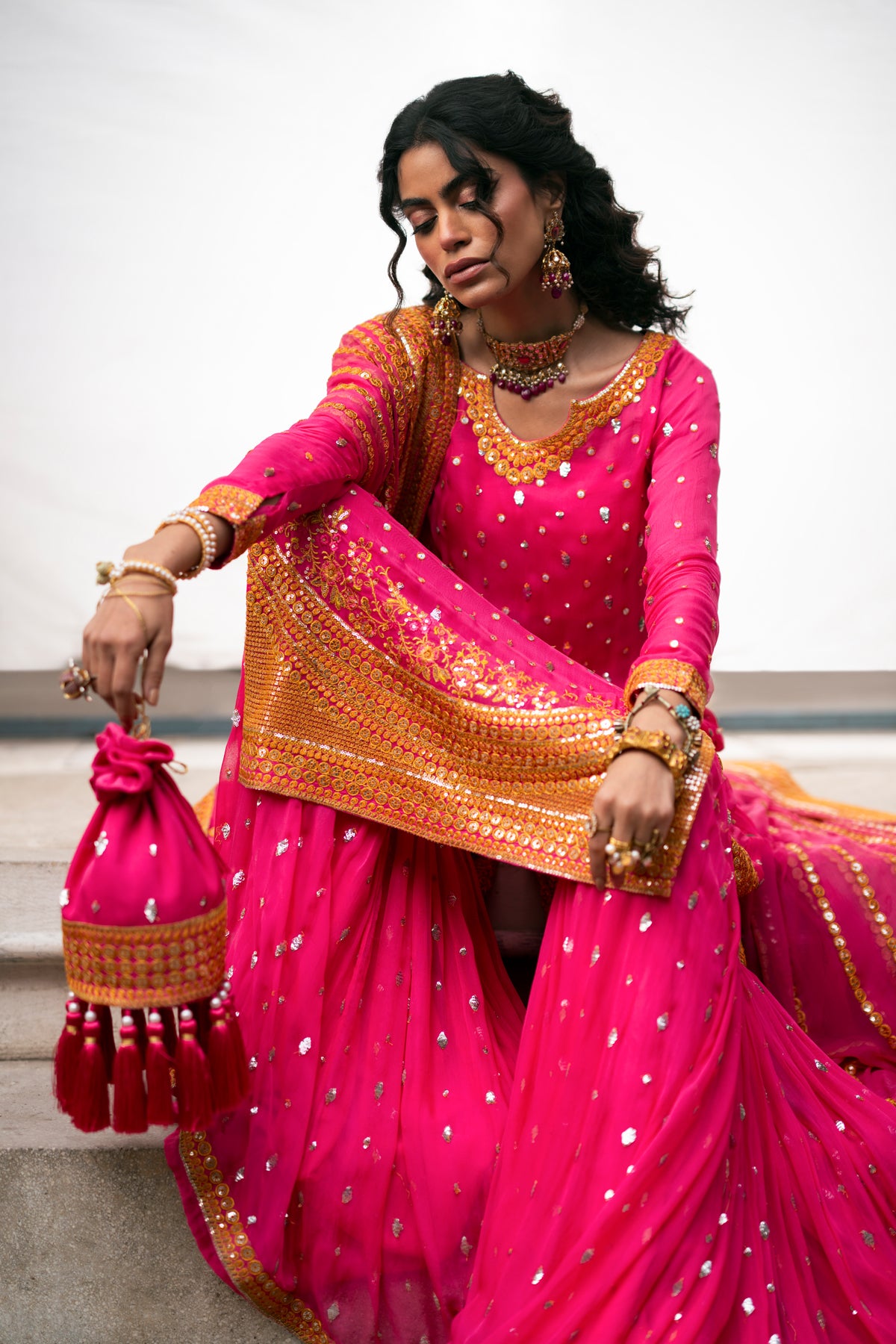 Pakistani Fuchsia Embroidered Crinkle Chiffon Gharara (3-Piece) - Image 10