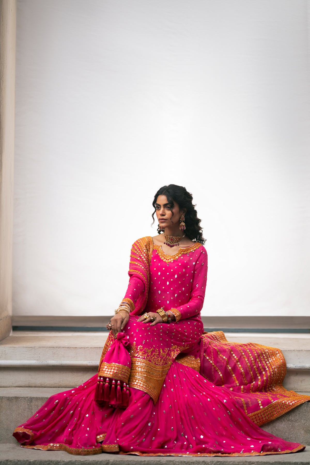 Pakistani Fuchsia Embroidered Crinkle Chiffon Gharara (3-Piece) - Image 11