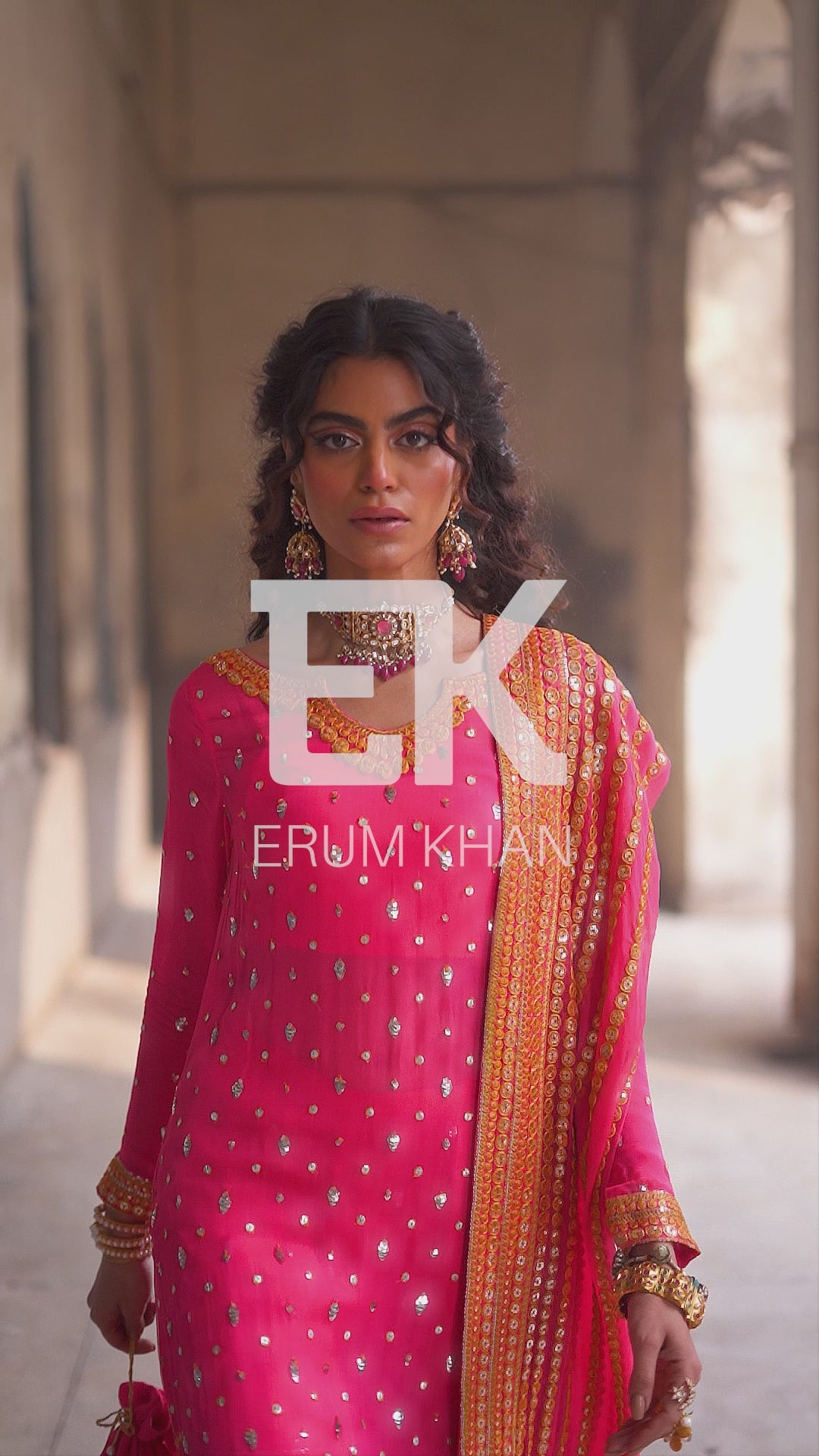 Pakistani Fuchsia Embroidered Crinkle Chiffon Gharara (3-Piece) - Image 15