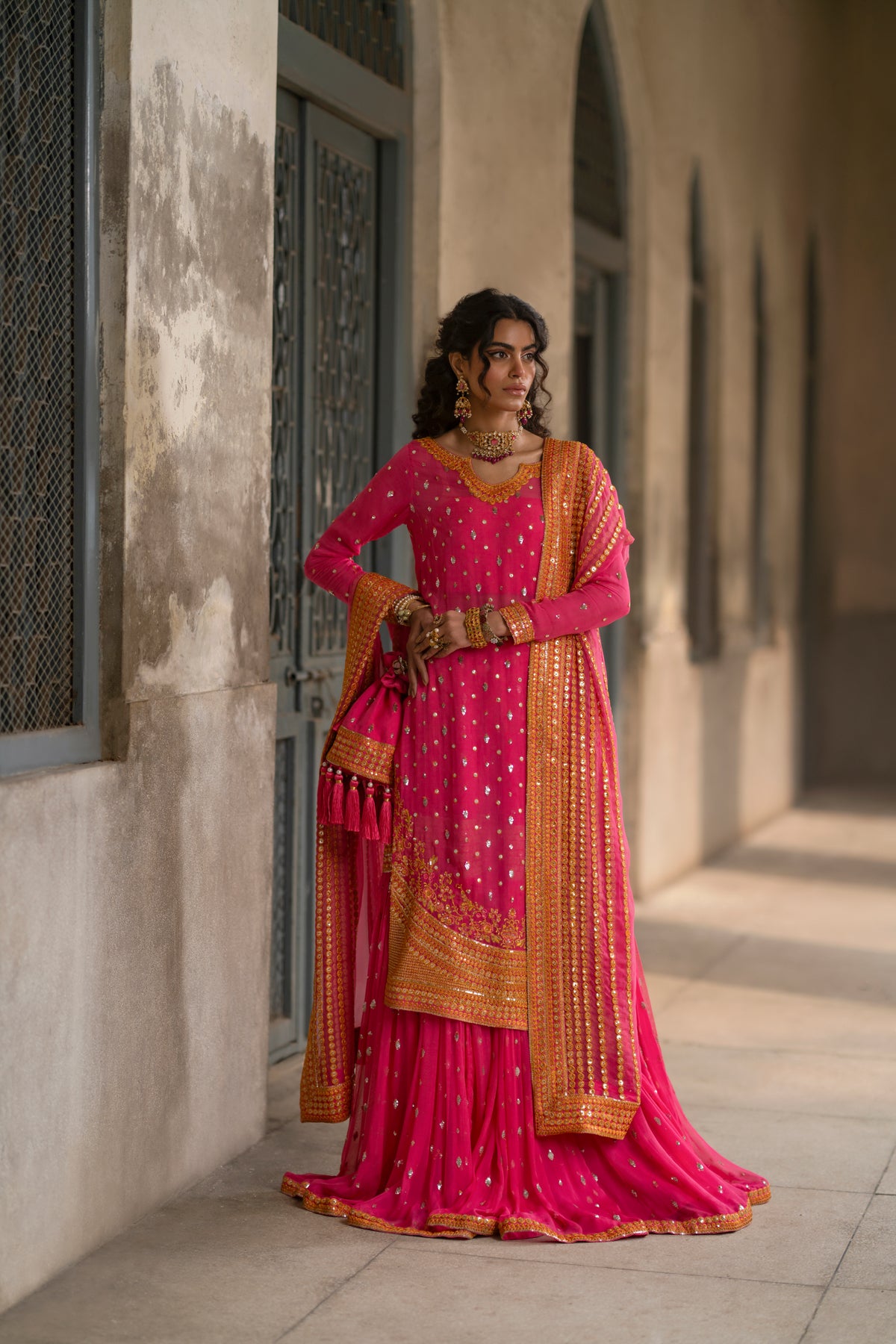 Pakistani Fuchsia Embroidered Crinkle Chiffon Gharara (3-Piece) - Image 3