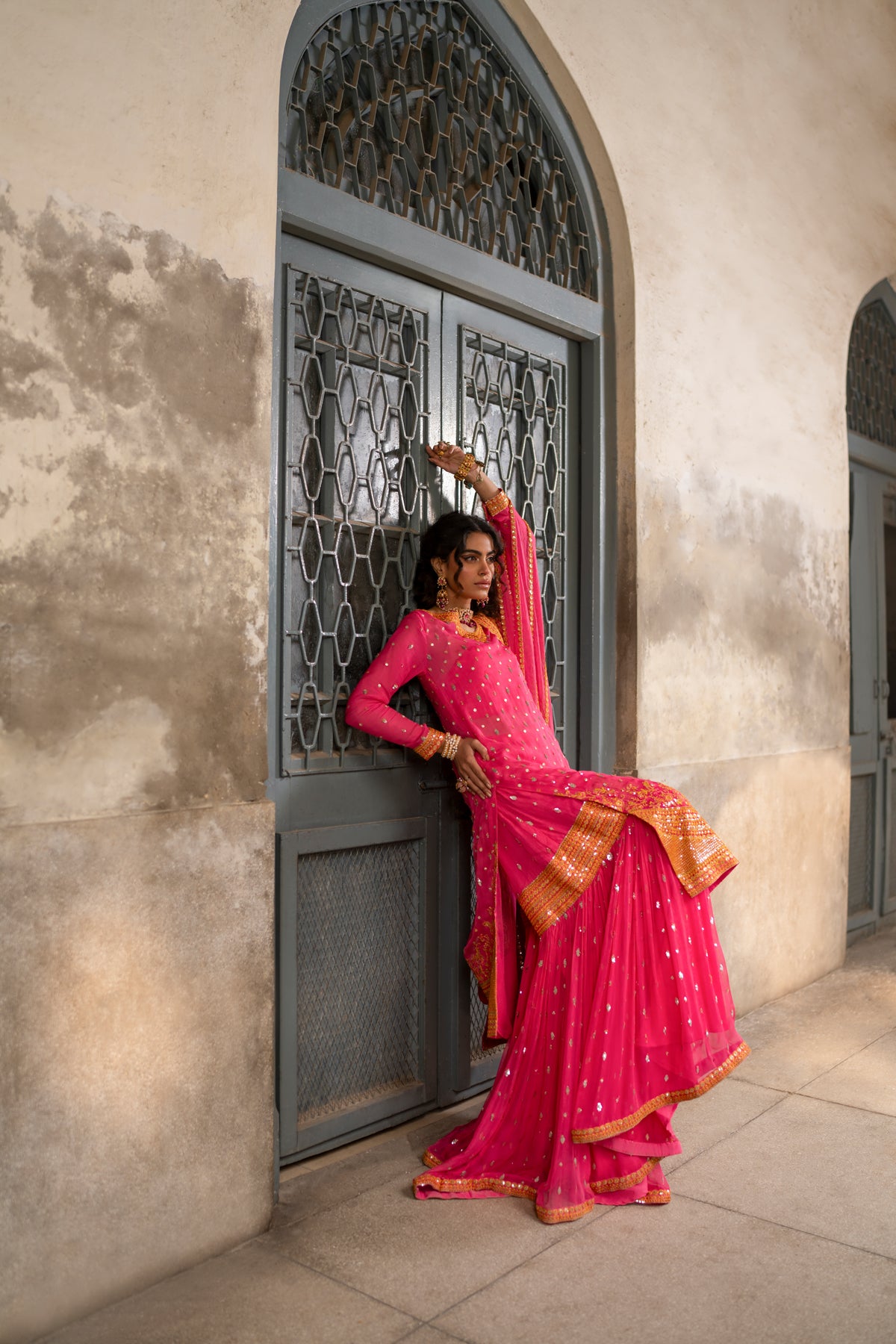 Pakistani Fuchsia Embroidered Crinkle Chiffon Gharara (3-Piece) - Image 5