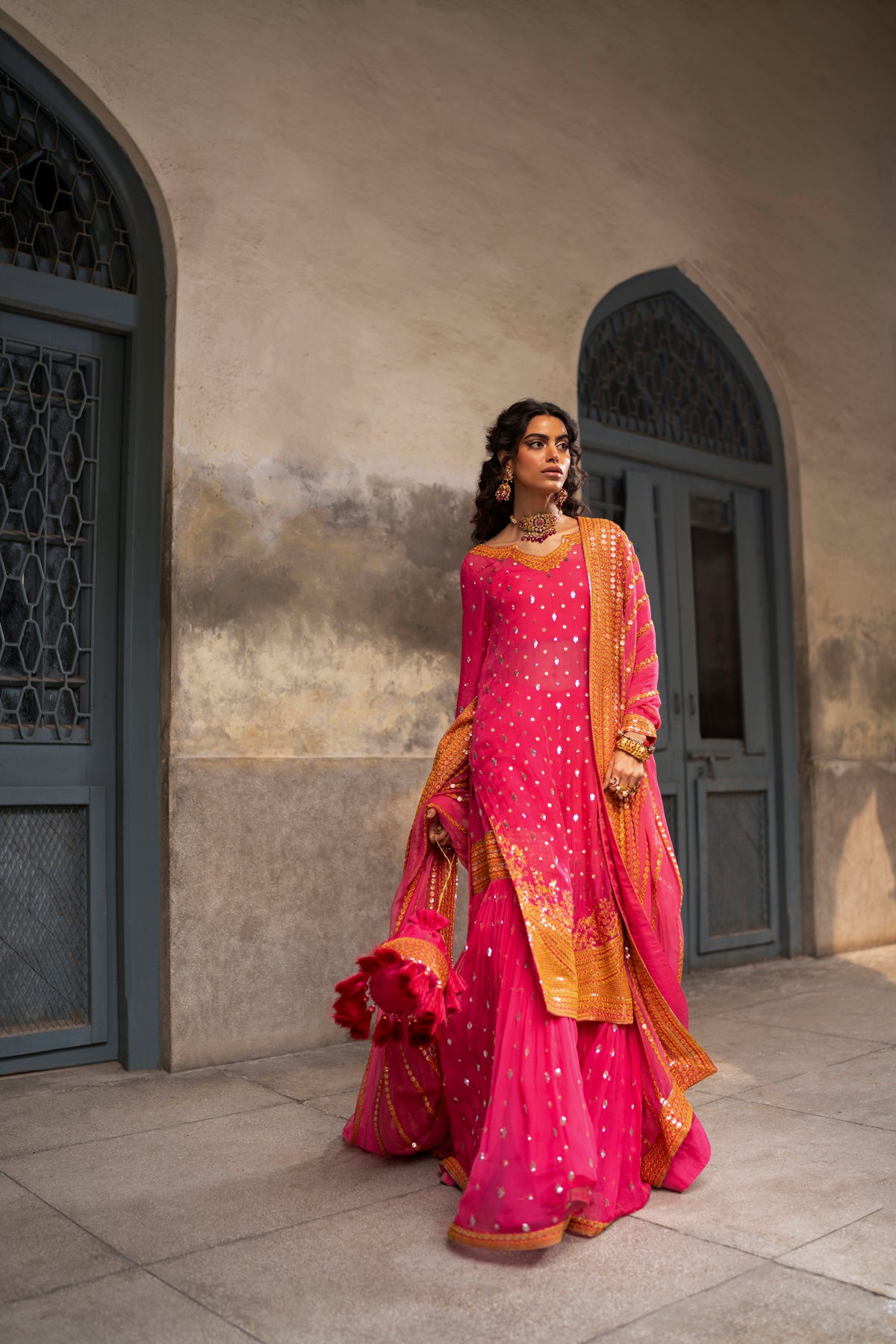 Pakistani Fuchsia Embroidered Crinkle Chiffon Gharara (3-Piece) - Image 6