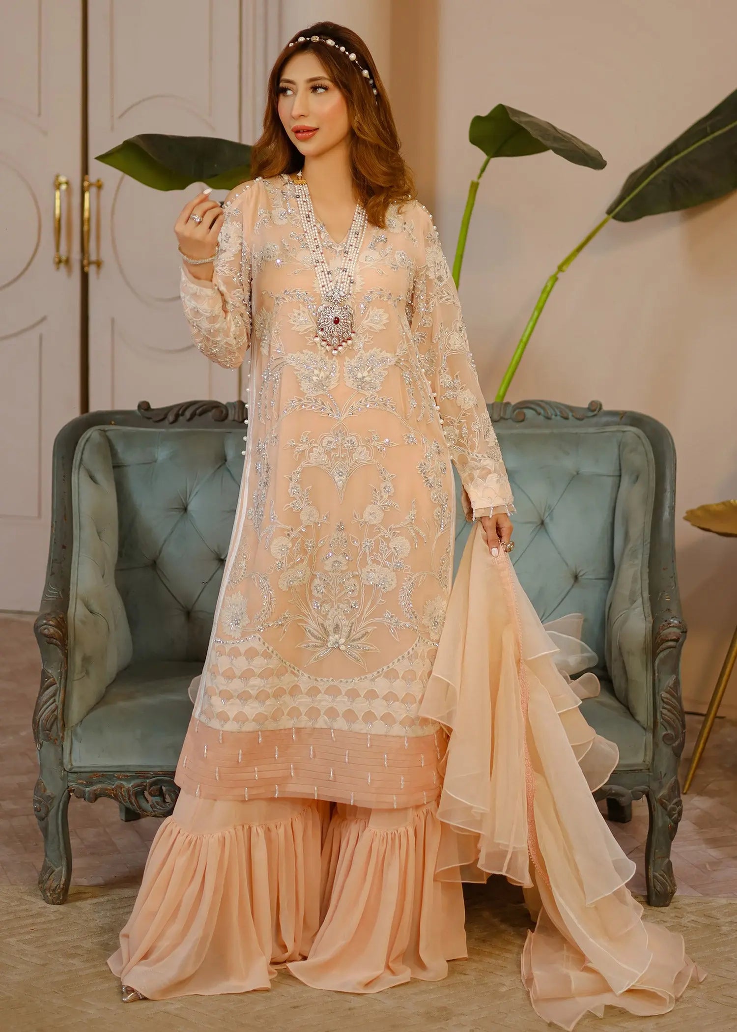Pakistani Peach Embellished Georgette Gharara Set (3-Piece) - Image 1