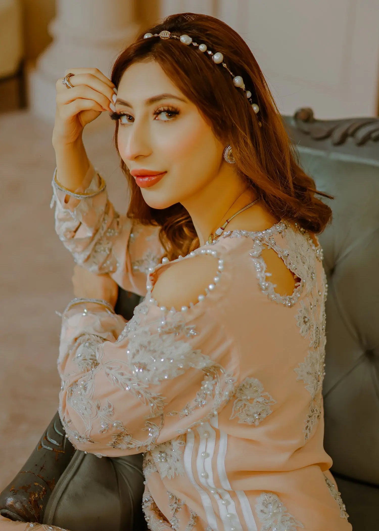 Pakistani Peach Embellished Georgette Gharara Set (3-Piece) - Image 2