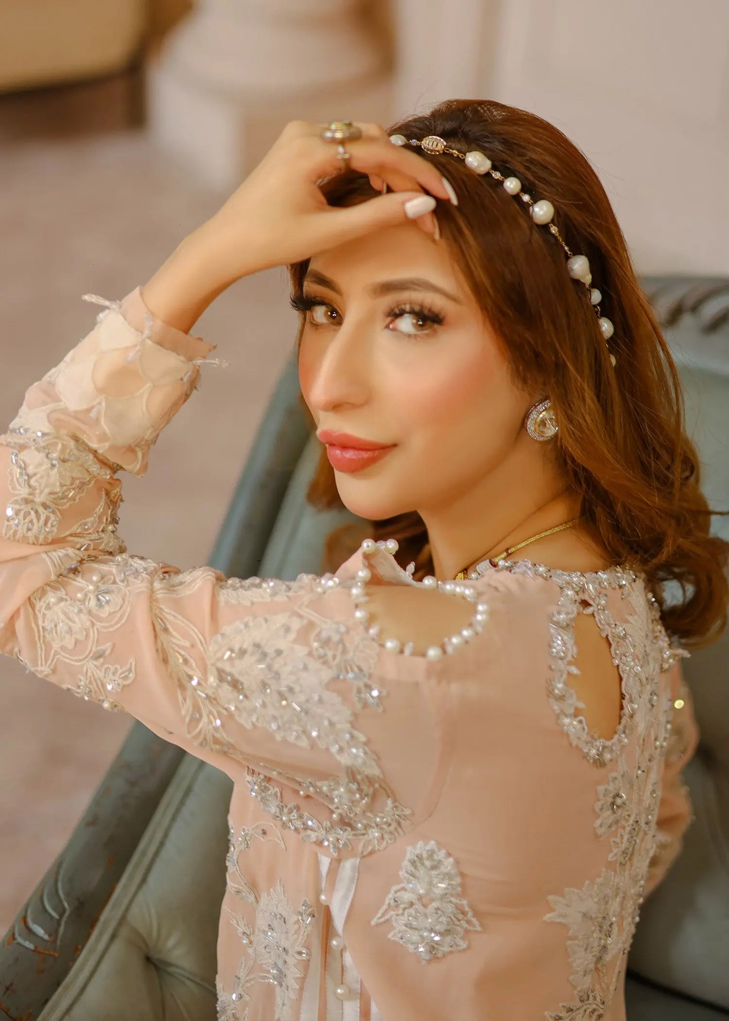 Pakistani Peach Embellished Georgette Gharara Set (3-Piece) - Image 4